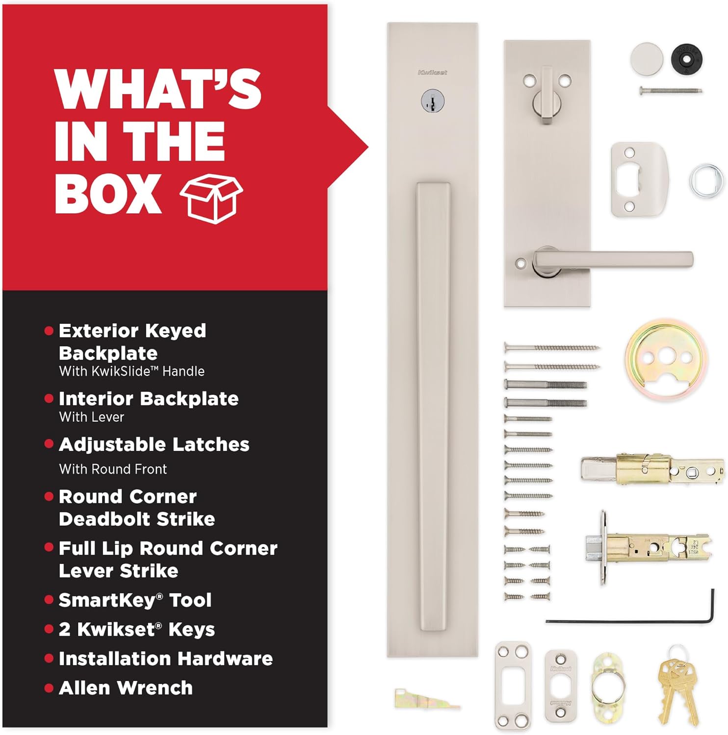 Kwikset Caerus Front Door Lock Handle and Deadbolt Set, Entry Handleset Exterior with Interior Lever, Satin Nickel, SmartKey Re-Key Security, with KwikSlide, Door Handle Backplate Full Escutcheon