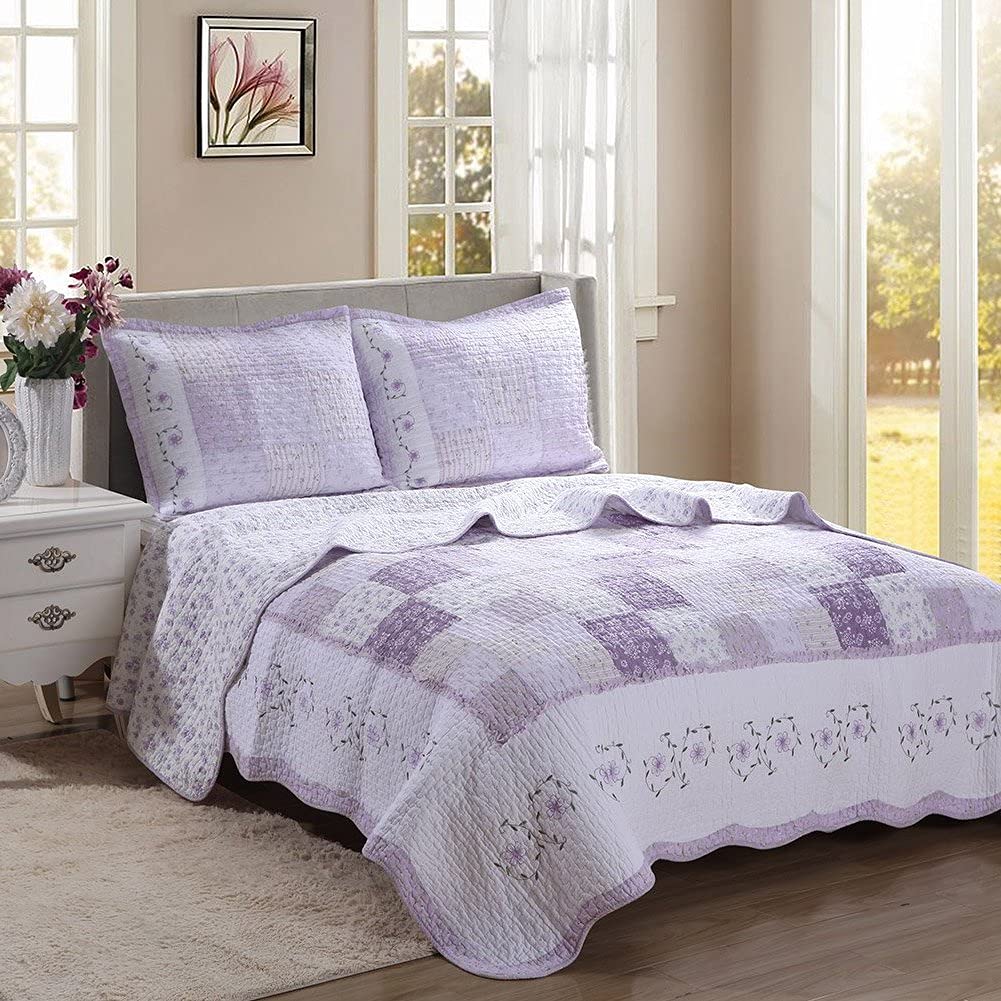 Cozy Line Home Fashions 100% Cotton Hand Pieced Real Patchwork Floral Scalloped Edge Country Quilt Bedding Set, Reversible Coverlet Bedspread for All Seasons (Love of Lavender, Twin - 2 Piece)