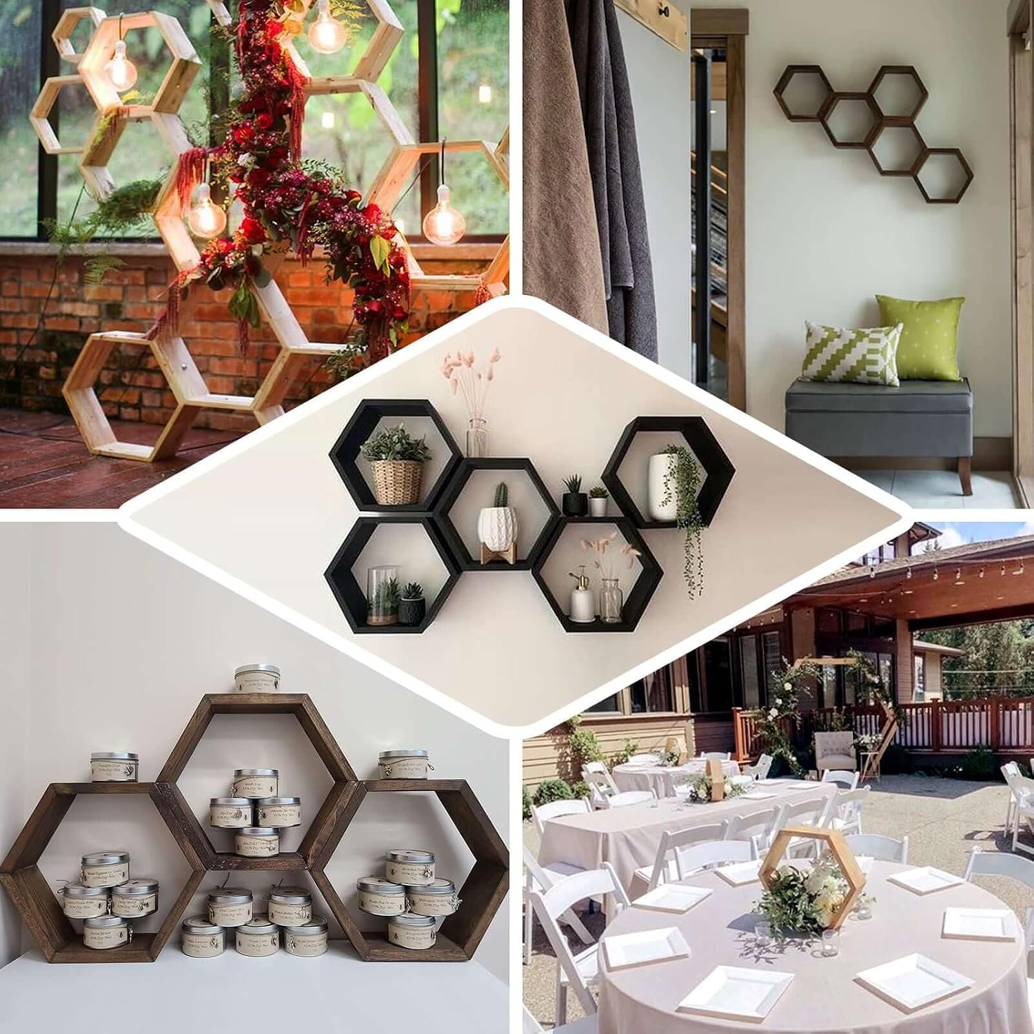 Efavormart 2 Pack | 9" Hexagon Whitewashed Wood Centerpiece, Geometric Terrarium, Honeycomb Storage Shelf