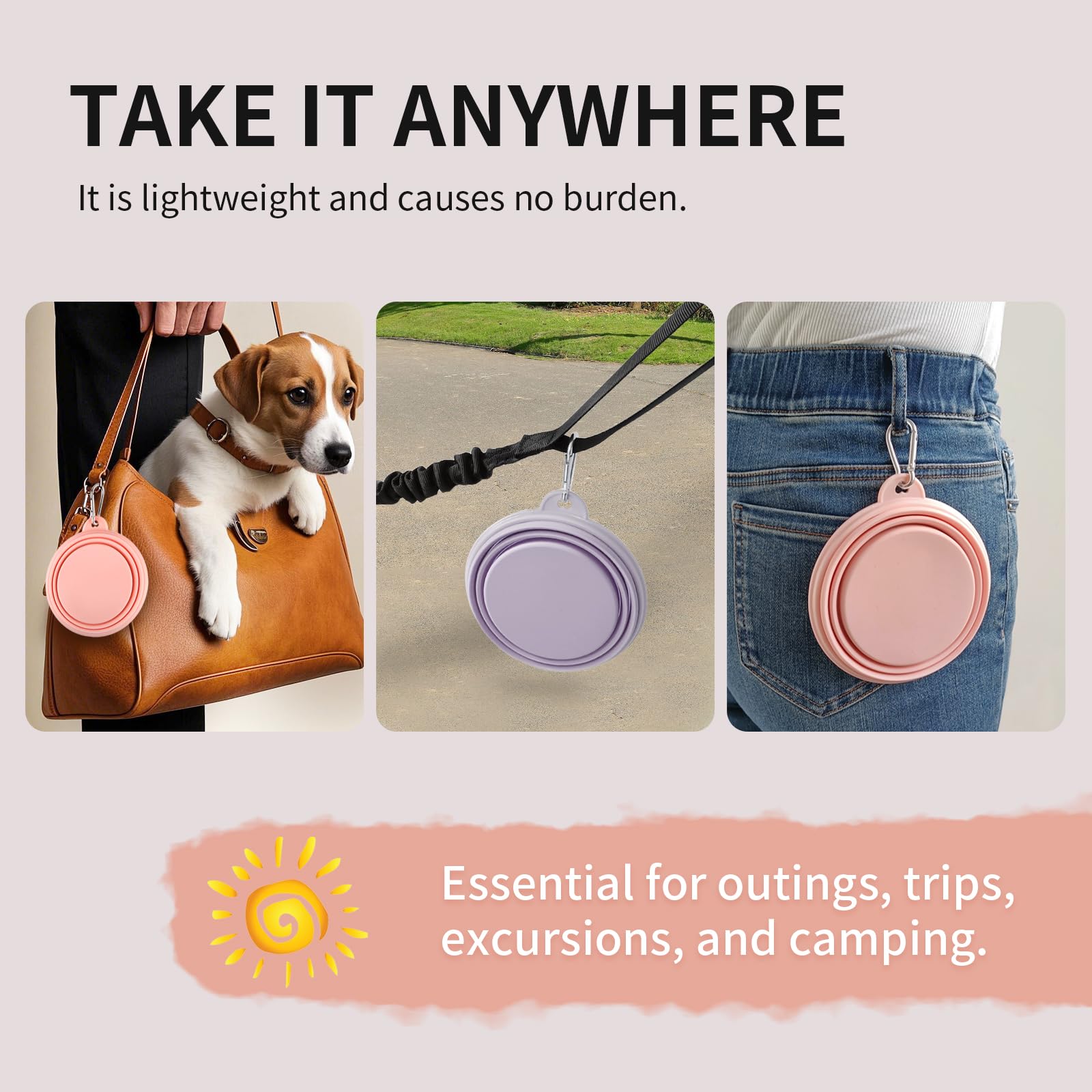 Faltbare Hundenäpfe 2er-Pack, tragbarer Reise-Hundenapf mit Karabiner, Lebensmittelqualität Silikon Haustiernapf zum Wandern, Spazierengehen (Macaron Pink und Violett)