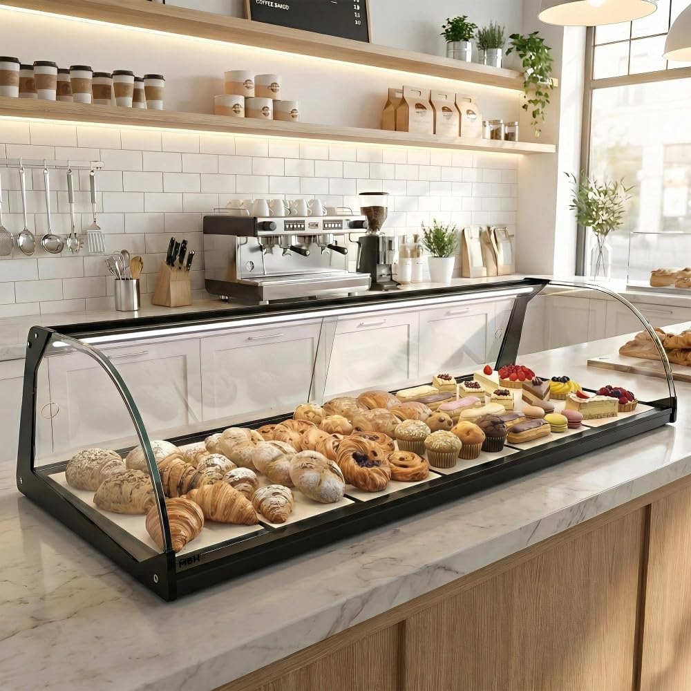 MBH - Neutrale Aufsatzvitrine 119 cm, gebogenes ESG-Sicherheitsglas, 1 Etage, mit LED-Beleuchtung, mit rückseitigen Schiebetüren, für Bar, Café, Restaurant, Gebäck und Konditorei.
