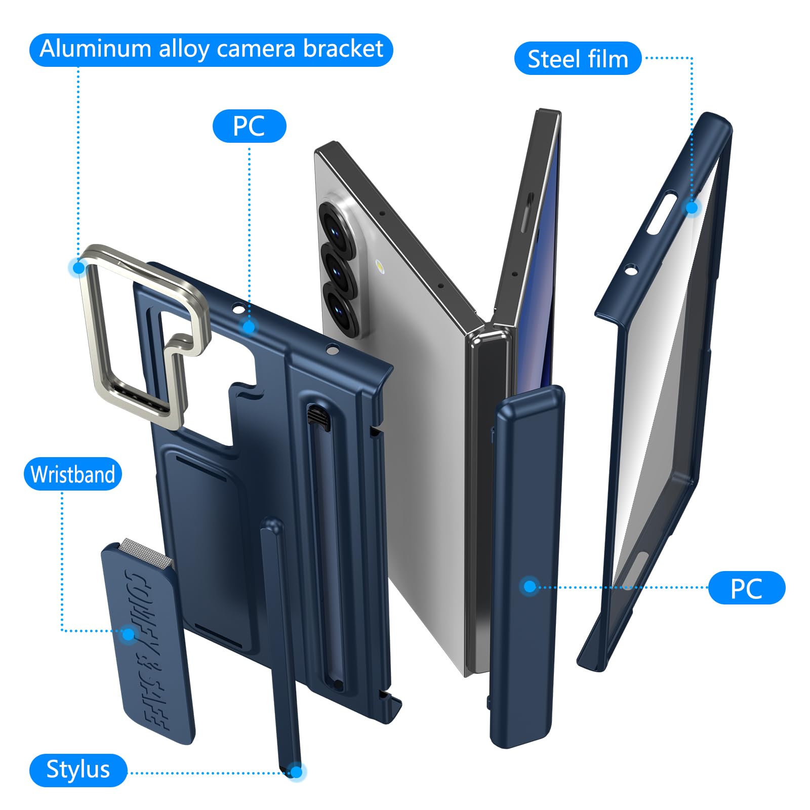 Etui do Galaxy Z Fold 6 z paskiem na palec, ochroną zawiasów, wbudowanym uchwytem na długopis i rysikiem, podpórka do Samsung Galaxy Z Fold6 z osłoną ekranu - ciemnoniebieskie