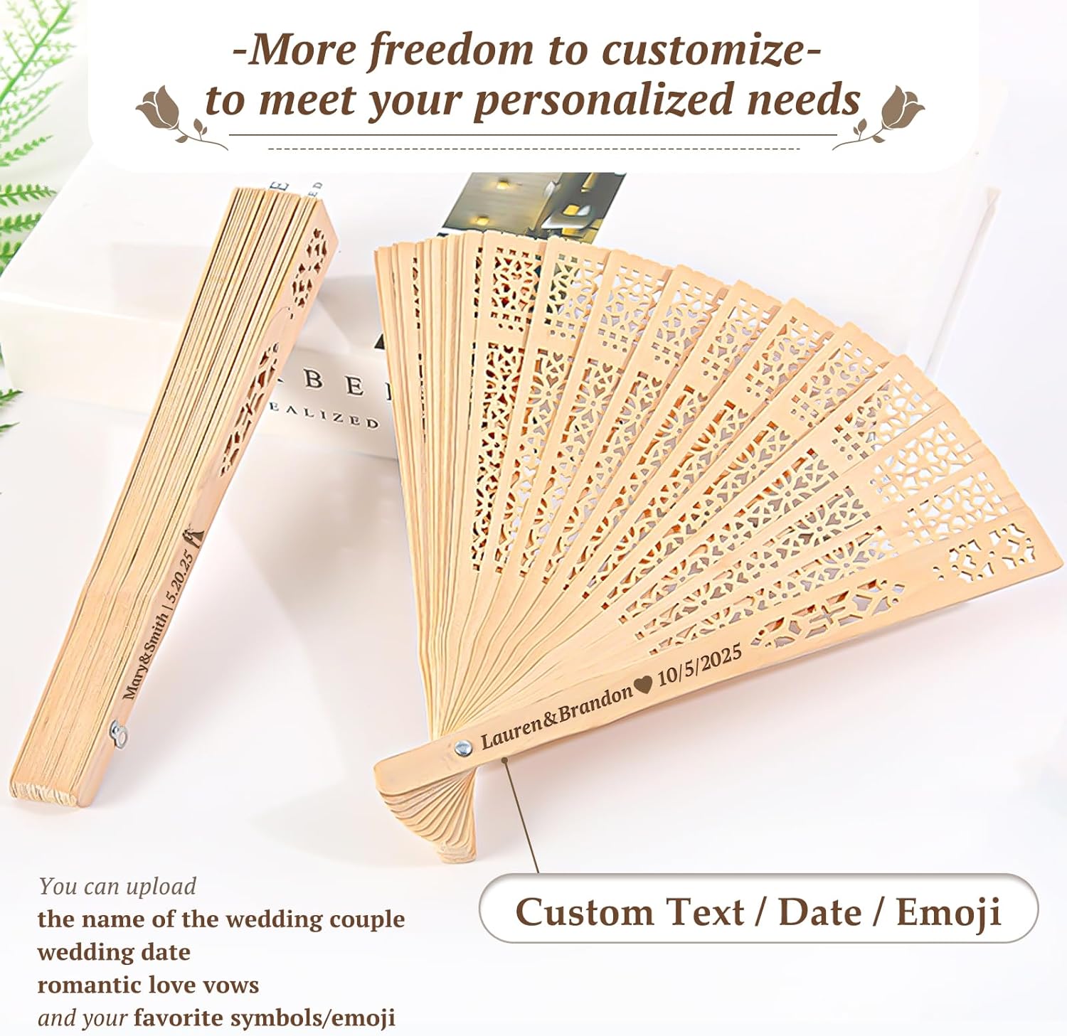 Wedding Fans Personalized Fans Custom Hand Fans for Women Foldable Wooden Fans With Organza Bags Abanicos De Mano Para Fiesta Bridal Shower Gifts Wedding Party Favors Fans for Guests Bulk (100)