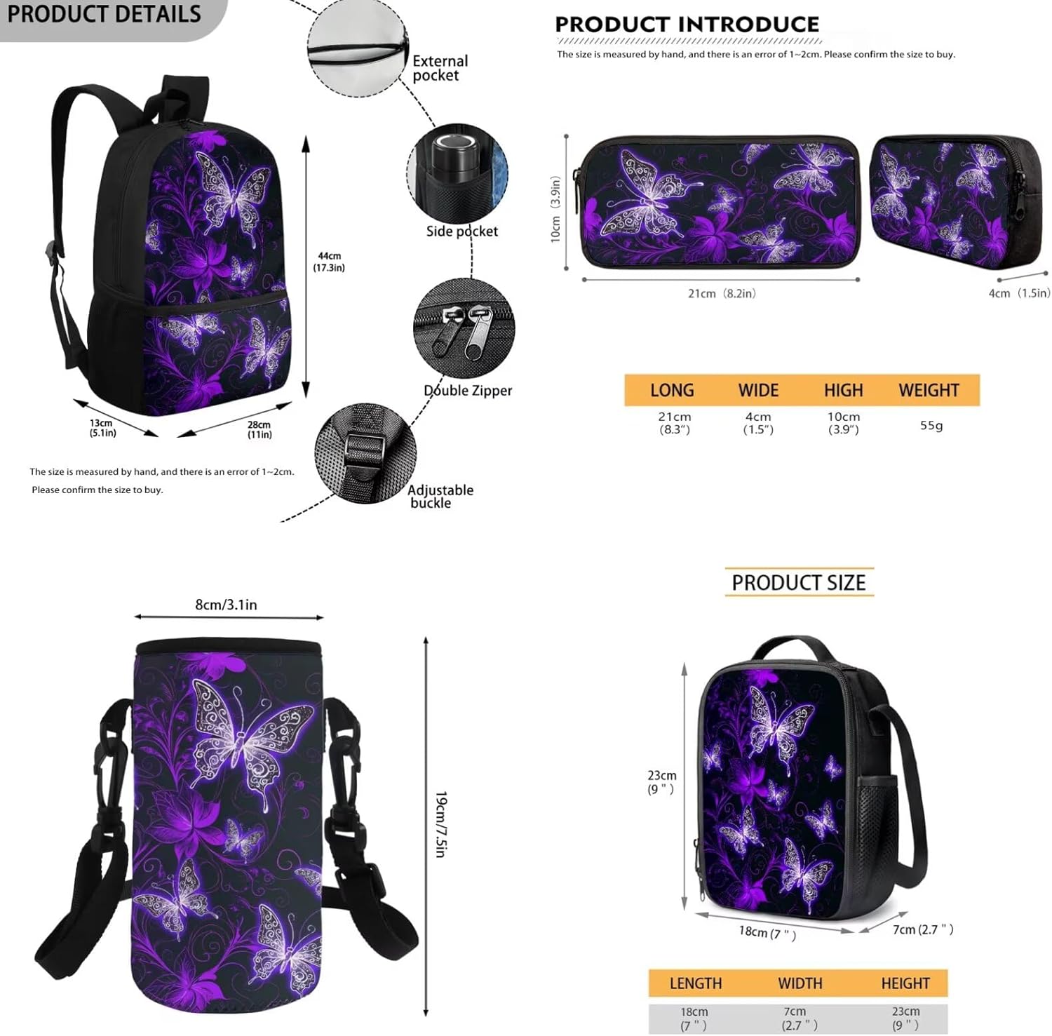 Cozeyat Aesthetic Butterfly Girls Backpacks Ages 8-12 with Lunchbox Aesthetic Teen Bookbag with Lunch Box and Water Bottle Holder 17 inch Kids School Bag for 1st 2nd 3rd Grade Elementary Students