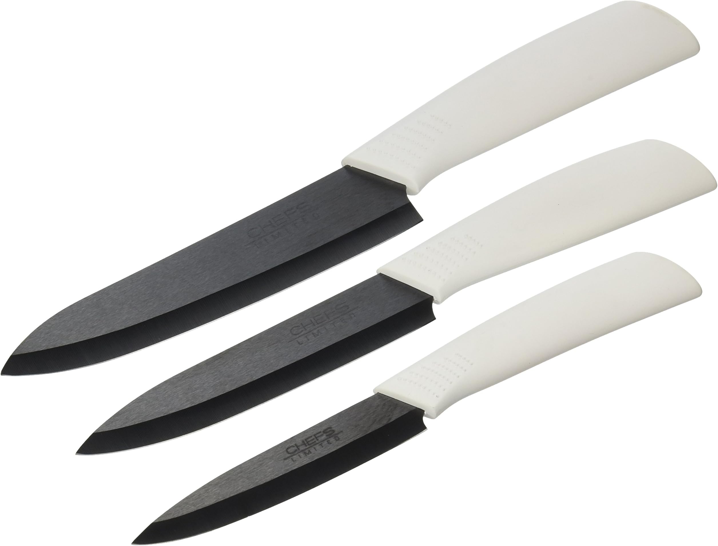 Ceramic Kitchen Knives-3 Piece Set- 4โ Pairing/Fruit, 5โ Utility /Slicing, 6โ Chefs Carving Knife With Gift Box. Beautiful Cutlery With White Handles And Black Blades.