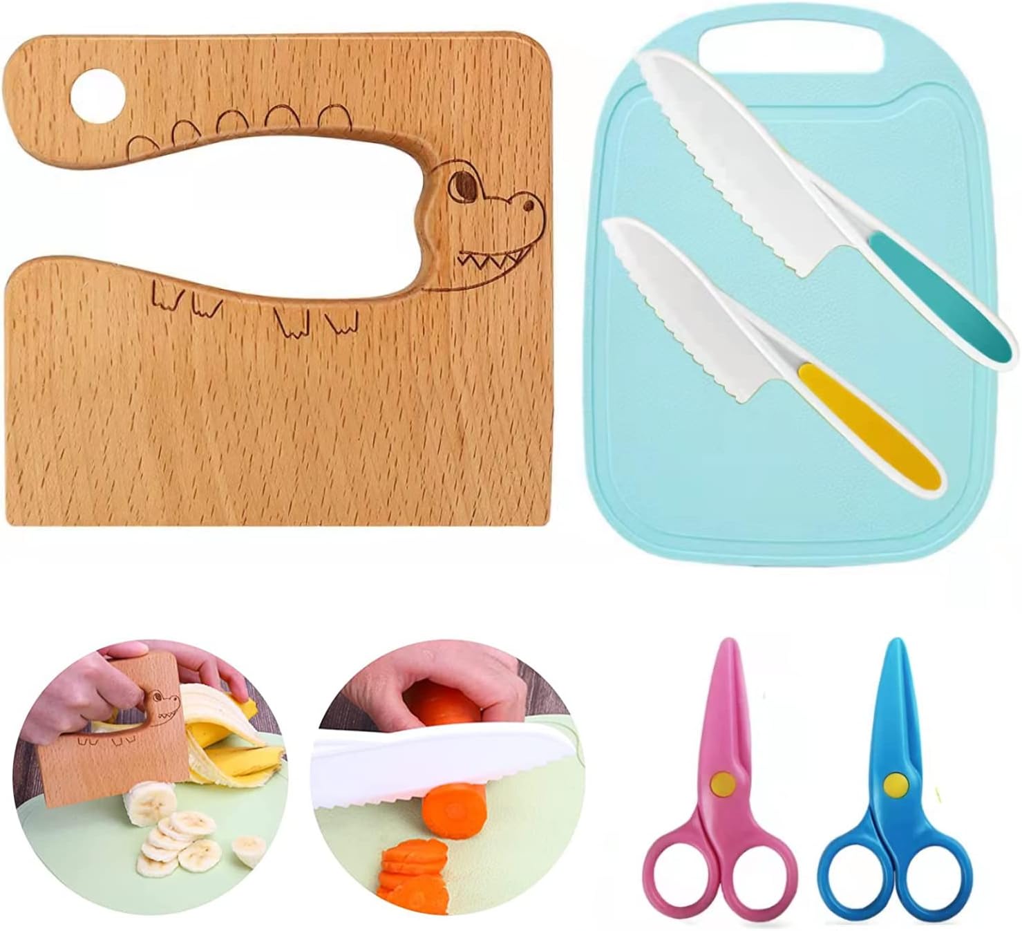 HUICHAIWooden Kids Kitchen Knife, Kids Knife Set Include Wooden Toddler Knife Crinkle Cutter for Veggies Nylon kids knives for Real Cooking Montessori Kitchen Tools for Toddlers With Cutting Board