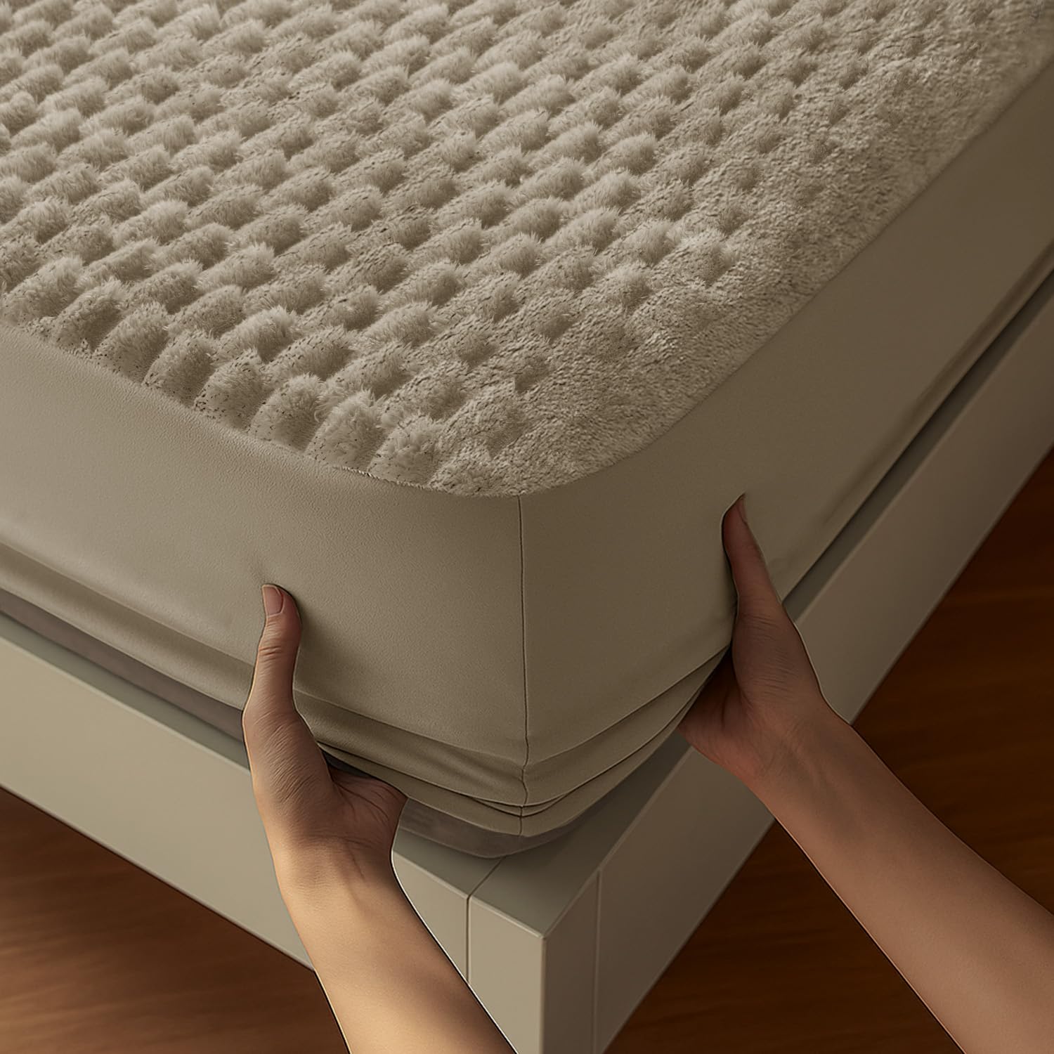 Velosso Chunky Thermal Popcorn Faux Fur Fitted Sheet, Plush Extra Deep 40cm Pocket, Teddy Cosy Elasticated Corners, Flannel Feel Touch (Beige, Super King)