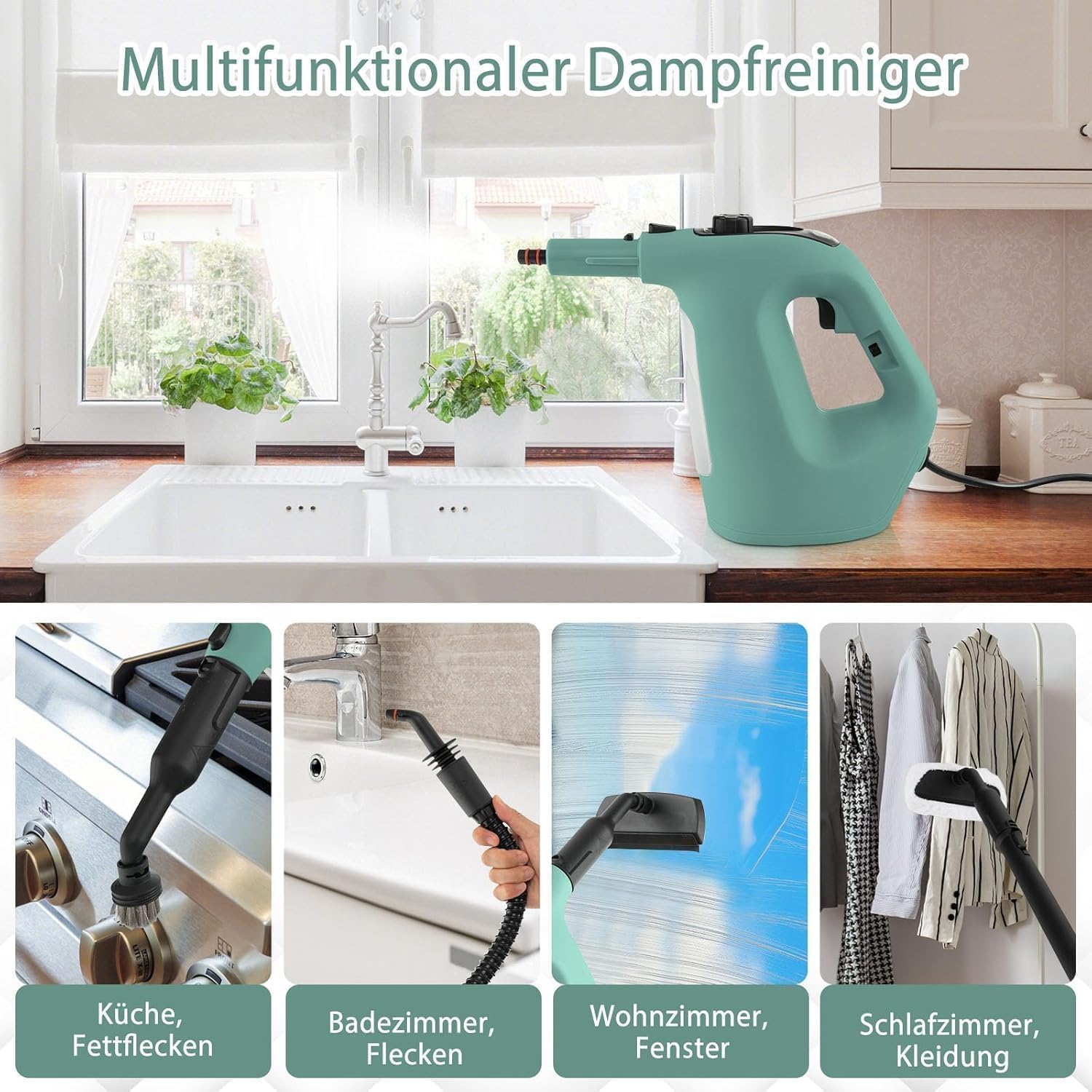 RELAX4LIFE Dampfreiniger Handgerät, Handdampfreiniger mit 13 Zubehör (Grün)