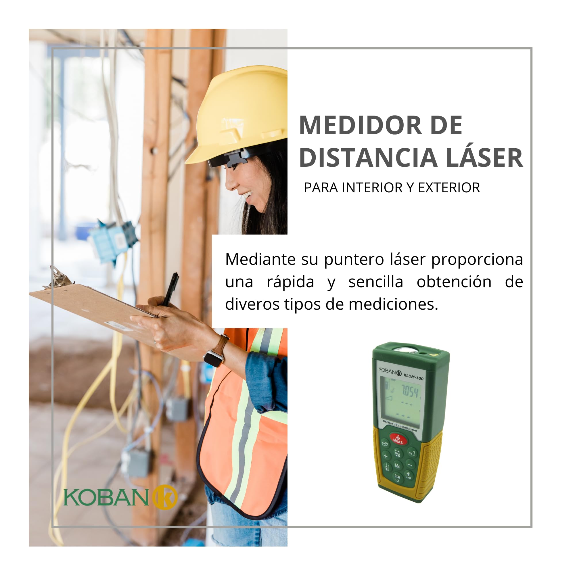 KOBAN KLDM-100 Mesureur Laser de Distance 100 Mètres Précision ±1,5mm avec Grand Écran LCD. Télémètre Laser de Poche IP54. Outil de Mesure Numérique pour l'Extérieur Facile à Utiliser.