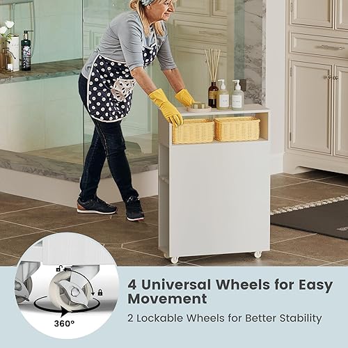 Miniatura 7 de Tangkula Slim Bathroom Storage Cabinet, Movable Narrow Toilet Side Cabinet w/2 Slide Out Drawers, 2 Rattan Baskets & Shelves, Toilet Paper Holder on