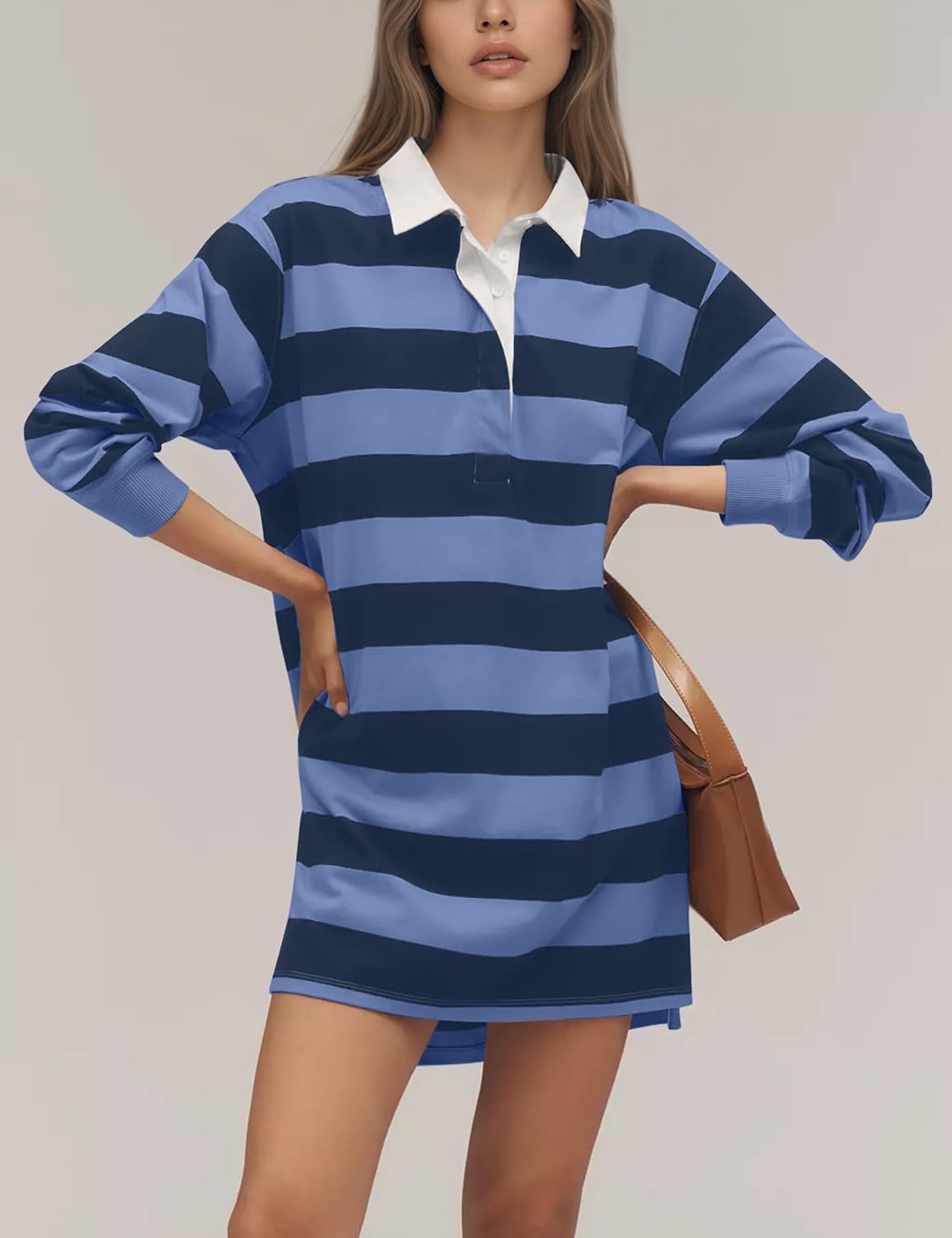 Women’s Striped Polo Sweatshirt Dress Fall Half Button Front Long Sleeve Collared Loose Fit Casual Mini Dresses - Image 3