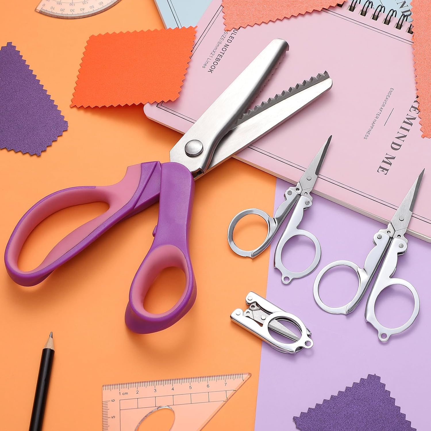 Uonlytech 4Pcs Pinking Shears Scissors Set for Fabric Sewing with Folding Small and Medium Serrated Cutting Handheld Shears for Decorative Edge Crafting