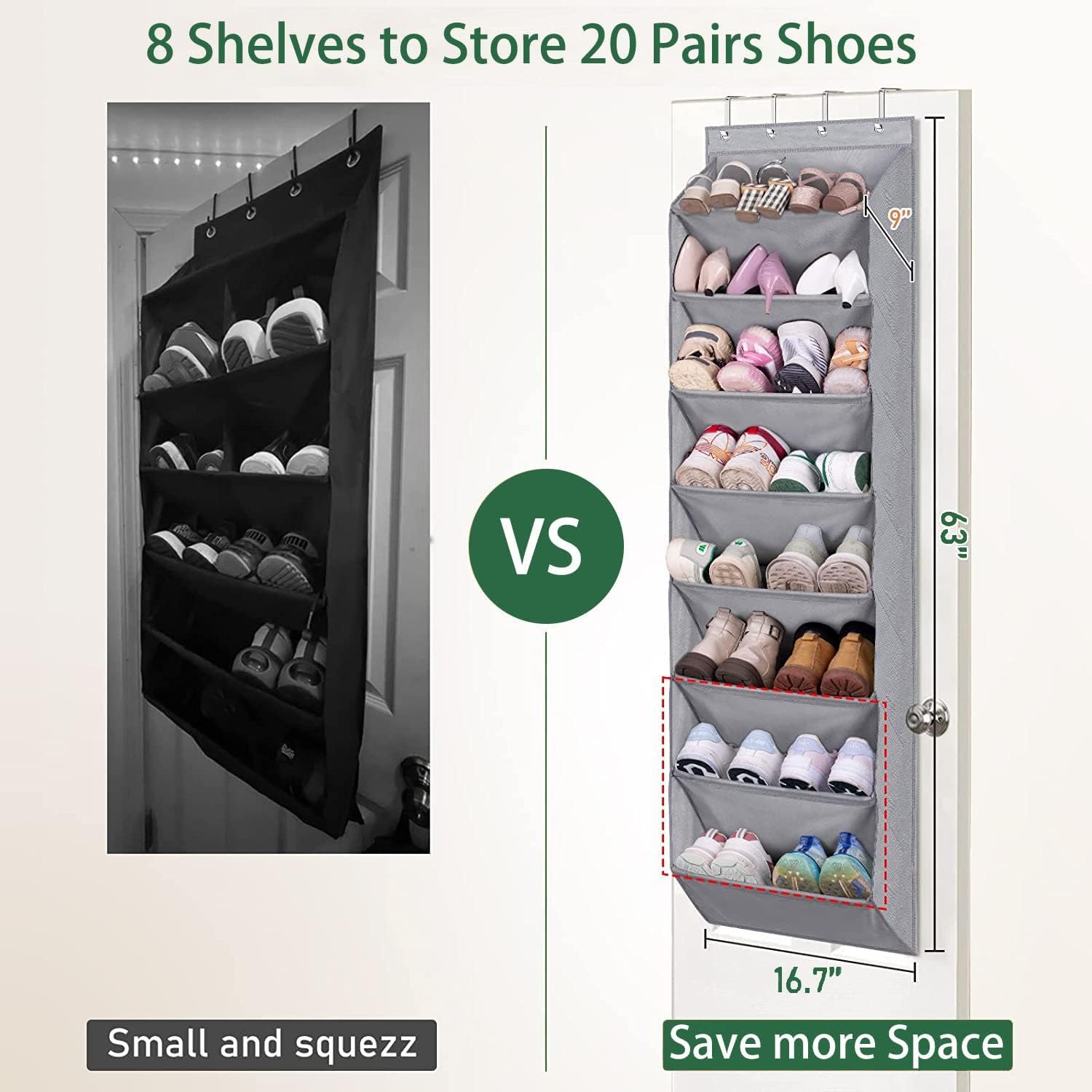 MISSLO 8 Shelf Hanging Shoe Rack Over Door Shoe Storage with Deep Pockets Organizer fits 20 works Closet Shoe Holder Organiser for Narrow Door Grey - Image 2