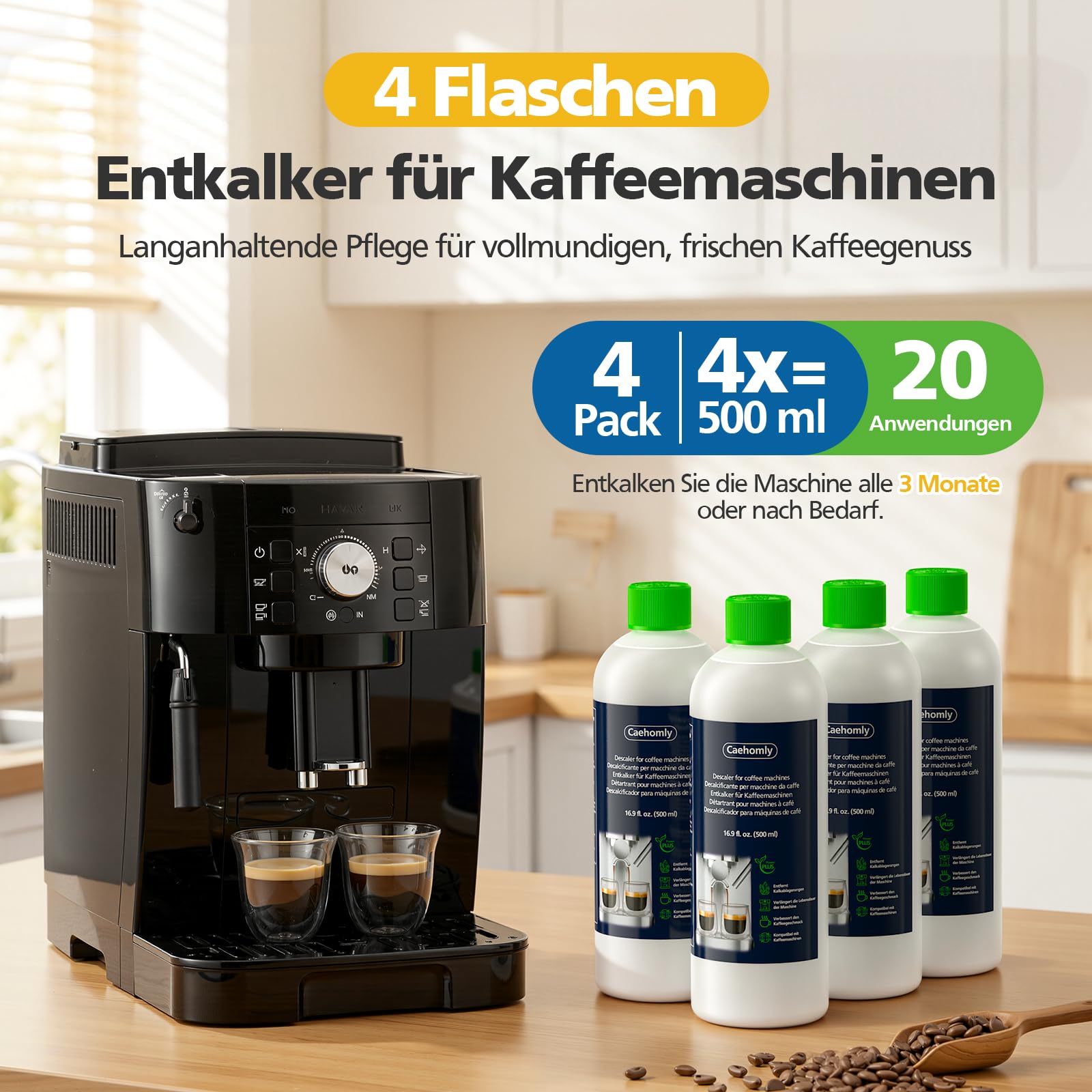 Descalcificador para cafetera DeLonghi, descalcificador de repuesto para DeLonghi DLSC500, accesorios de mantenimiento, ingredientes vegetales, 500 mlx4 botellas, 20 latas descalcificadoras