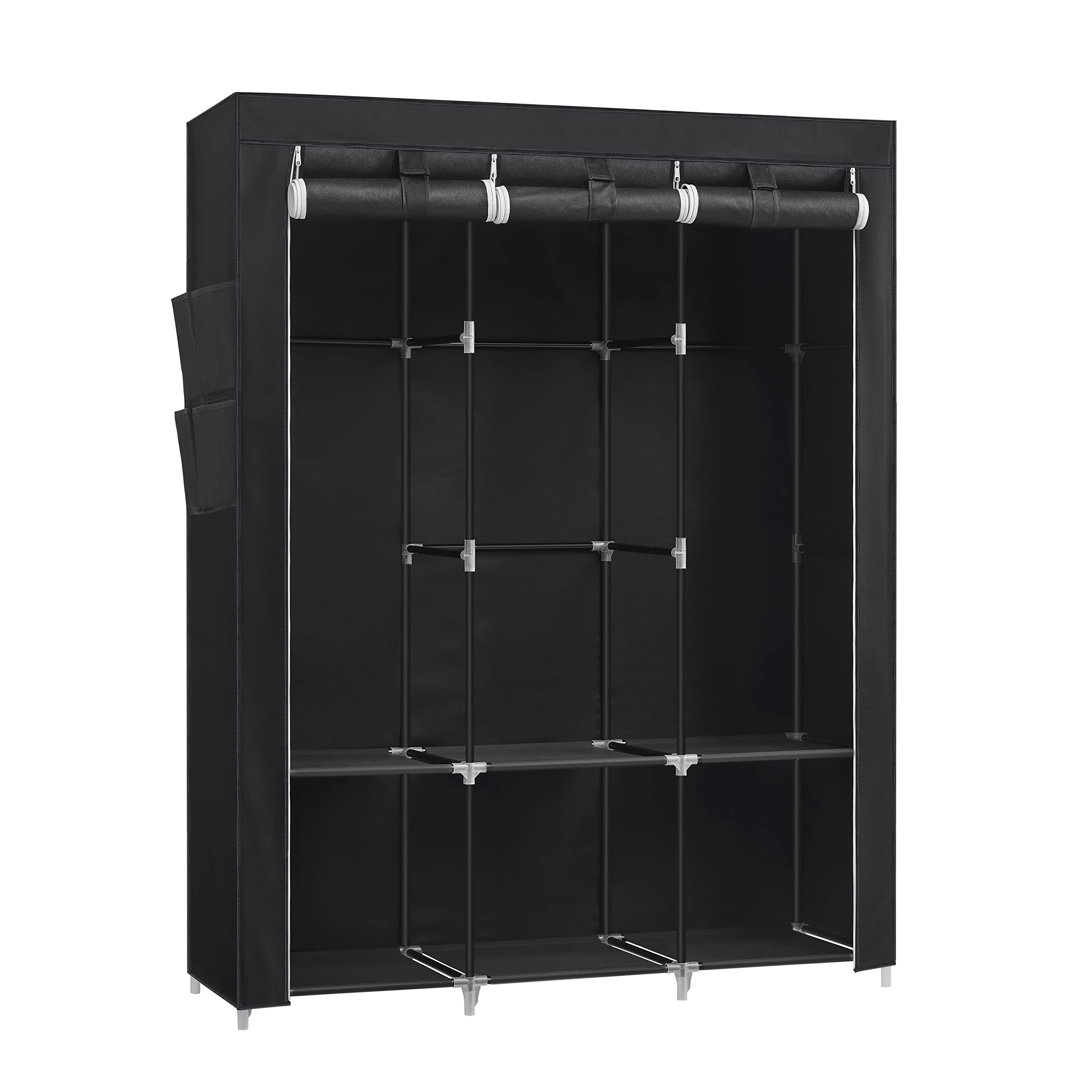 SONGMICS Fabric Wardrobe 45 x 130 x 167 cm 3 Hanging Compartments with Shelves 4 Side Pockets Large Space for Bedroom Living Room Black RYG092B02