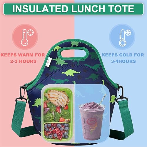 Miniatura 2 de VASCHY Bolsa de almuerzo para niños, bolsa de almuerzo de neopreno ligera para niños y niñas a la escuela, guardería, jardín de infantes, dinosaurio