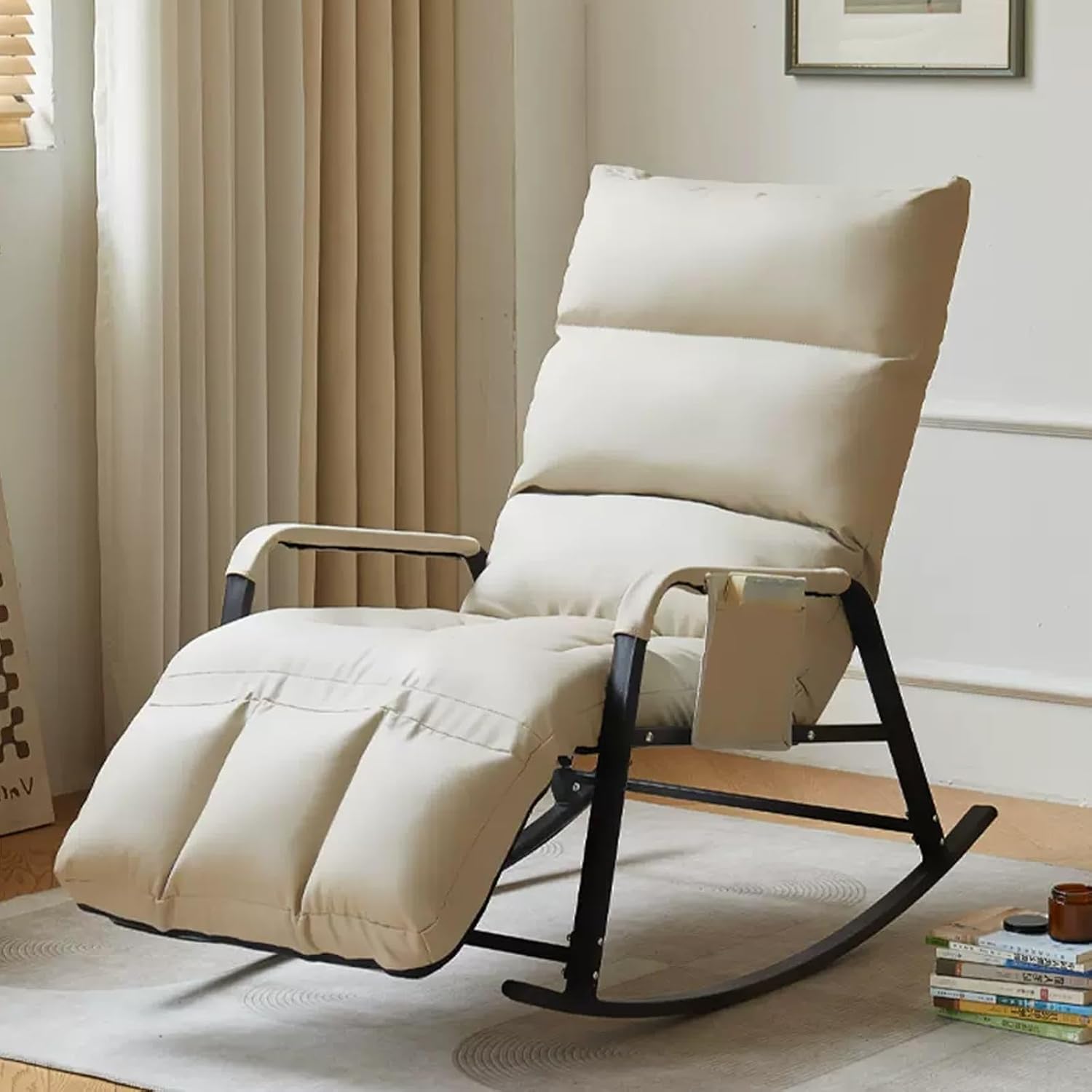 Breathable Comfortable Bedroom Rocking Chair with Side Pockets, Modern Living Room Soft Cushion Armrests Rocking Chair, Patio Lounge Chair, Backrest Foot Pads are Height-Adjustable
