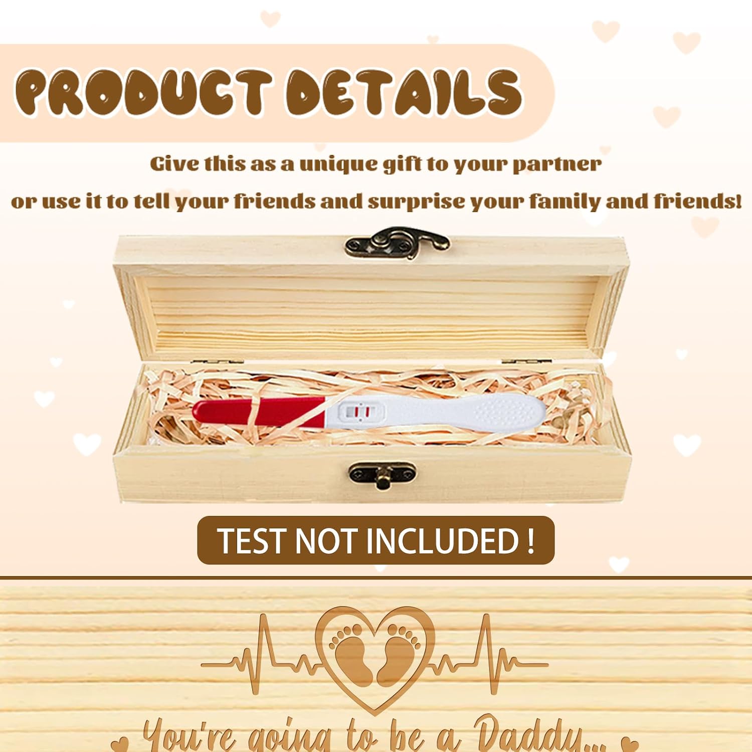 CHGCRAFT Pregnancy Test Keepsake Box Heartbeat Feet Love Wooden Pregnancy Announcement Gifts Box with Raffia Ribbon and Lock Announcement Gifts for Dad Husband, 8x2x1.2 inch