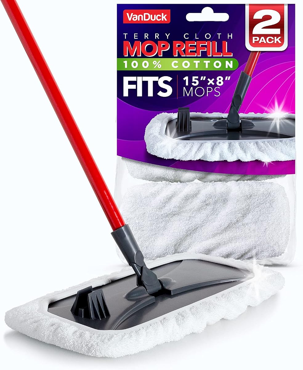 VanDuck 100% Cotton Terry Mop Pads 15x8 Inches, 2-Pack (Mop Not Included) | Reusable terry cloth mop covers, cotton replacement pads, floor cleaning refills, machine washable