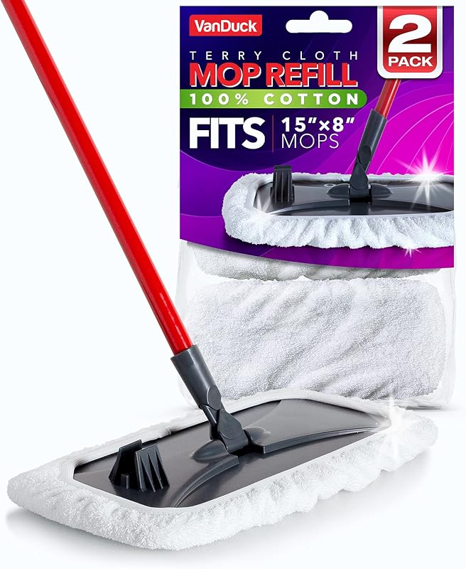 VanDuck 100% Cotton Terry Mop Pads 15x8 Inches, 2-Pack (Mop Not Included) | Reusable terry cloth mop covers, cotton replacement pads, floor cleaning refills, machine washable