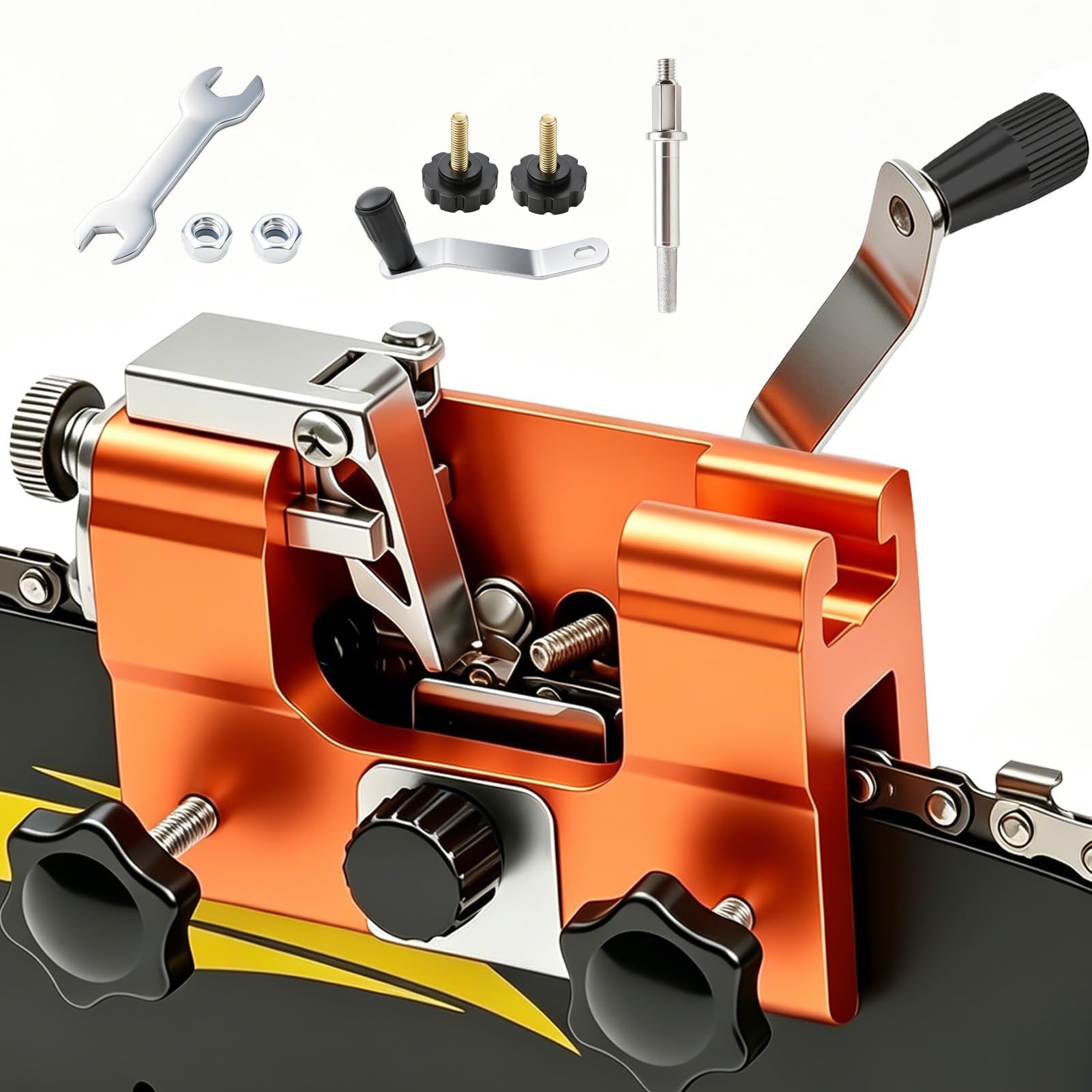 Affuteur Chaine Tronçonneuse Manuel, Aiguiseur de Chaîne Portable à Manivelle, Affûteuse Tronçonneuse en Aluminium et Acier Inox, Kit Affûtage Précis sans Électricité pour Jardin, Atelier, Forêt Pro