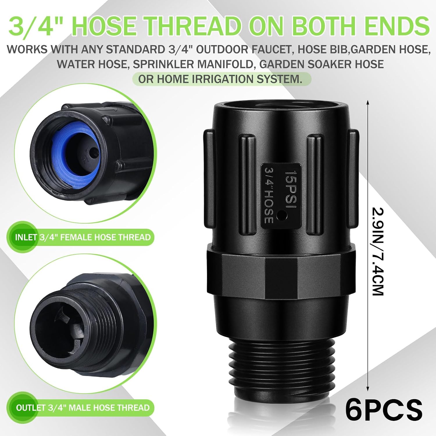 Tondiamo 6 Pcs 15 Psi Drip Irrigation Pressure Regulator, 3/4" Female Hose Thread x 3/4" Male Hose Thread Pressure Reducer Low Flow Valve for Garden Drip Irrigation Parts Emitters System