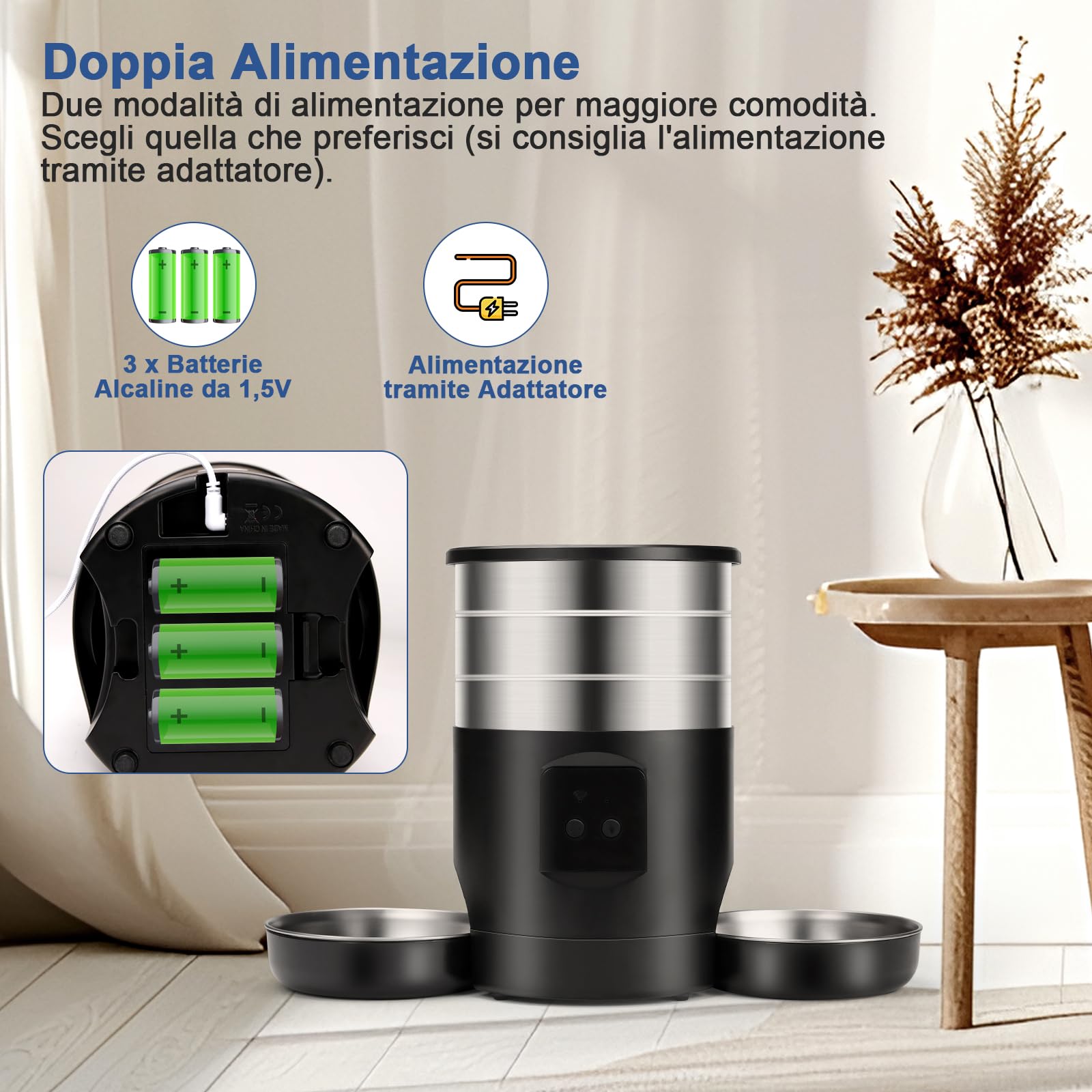 5L Distributore Automatico Cibo Gatti 2 Ciotole, Dispenser Crocchette Gatto 2.4G WiFi Acciaio Inox Anti-Intasamento 24h Timer 1-10 Pasti al Giorno Alimentazione 1-40 Porzion, Mangiatoia per Cani Gatti