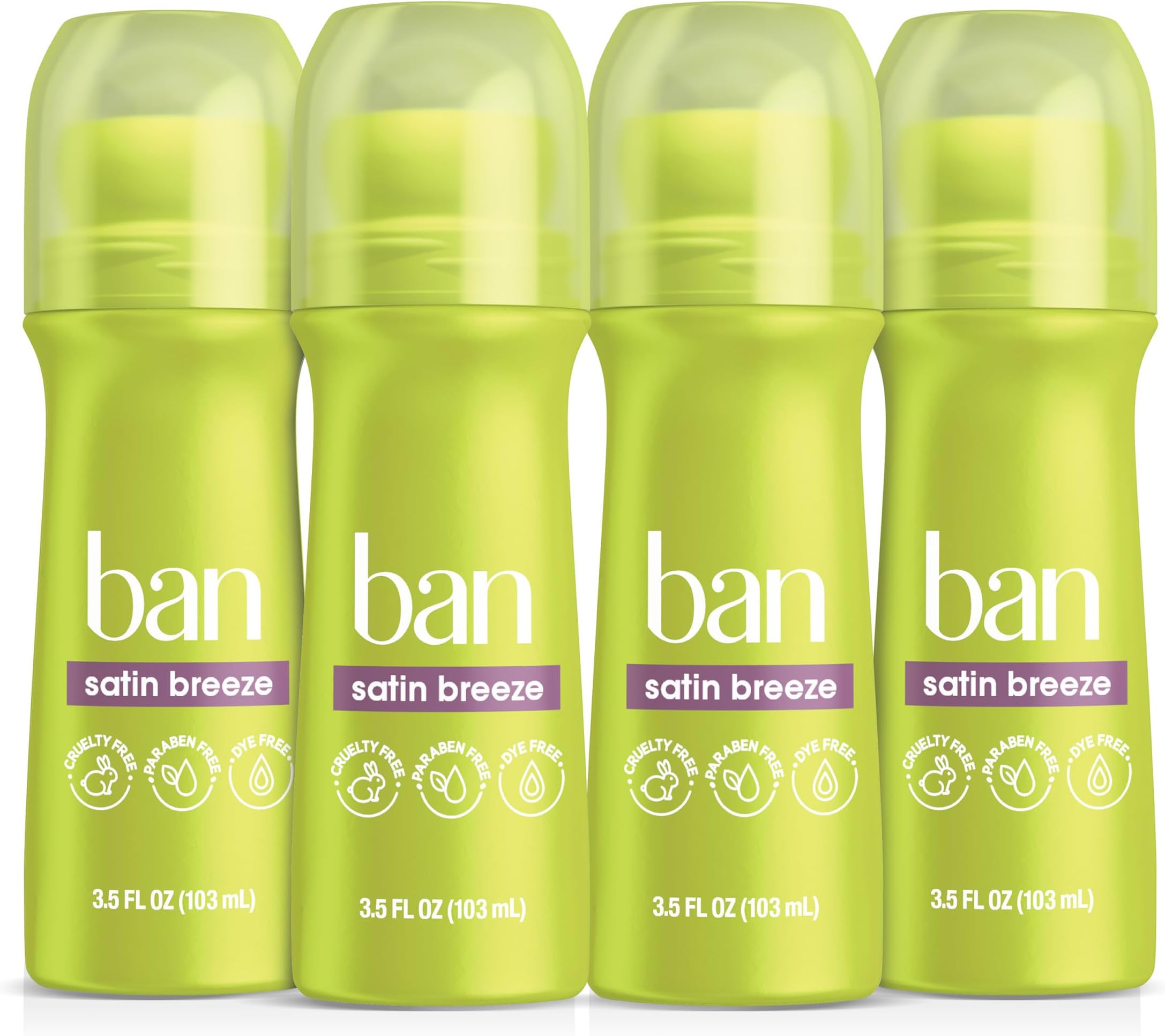 Ban Invisible Roll-on Antiperspirant Deodorant for Women and Men, 24-hour Underarm Odor & Sweat Protection, Satin Breeze, 3.5 Oz, Pack of 4