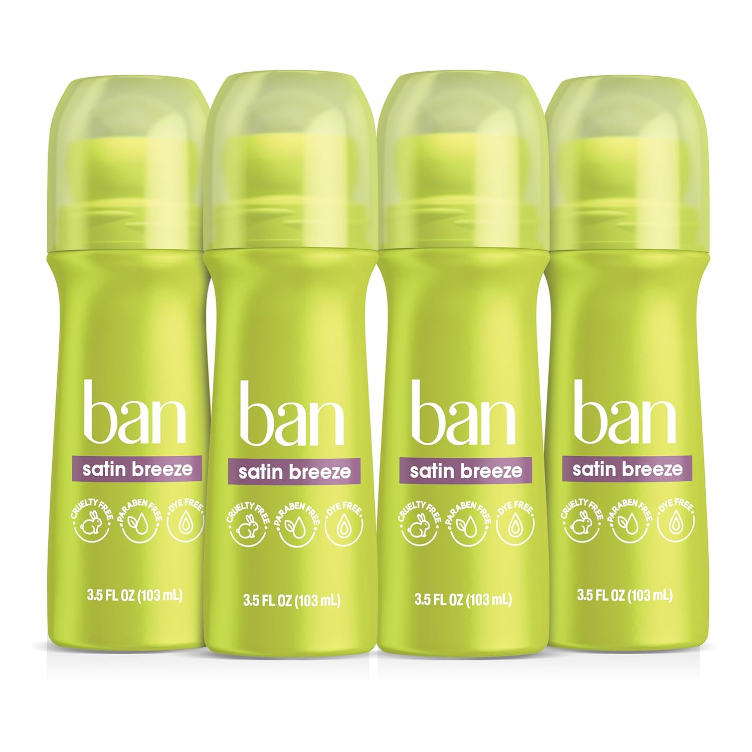 Ban Invisible Roll-on Antiperspirant Deodorant for Women and Men, 24-hour Underarm Odor & Sweat Protection, Satin Breeze, 3.5 Oz, Pack of 4