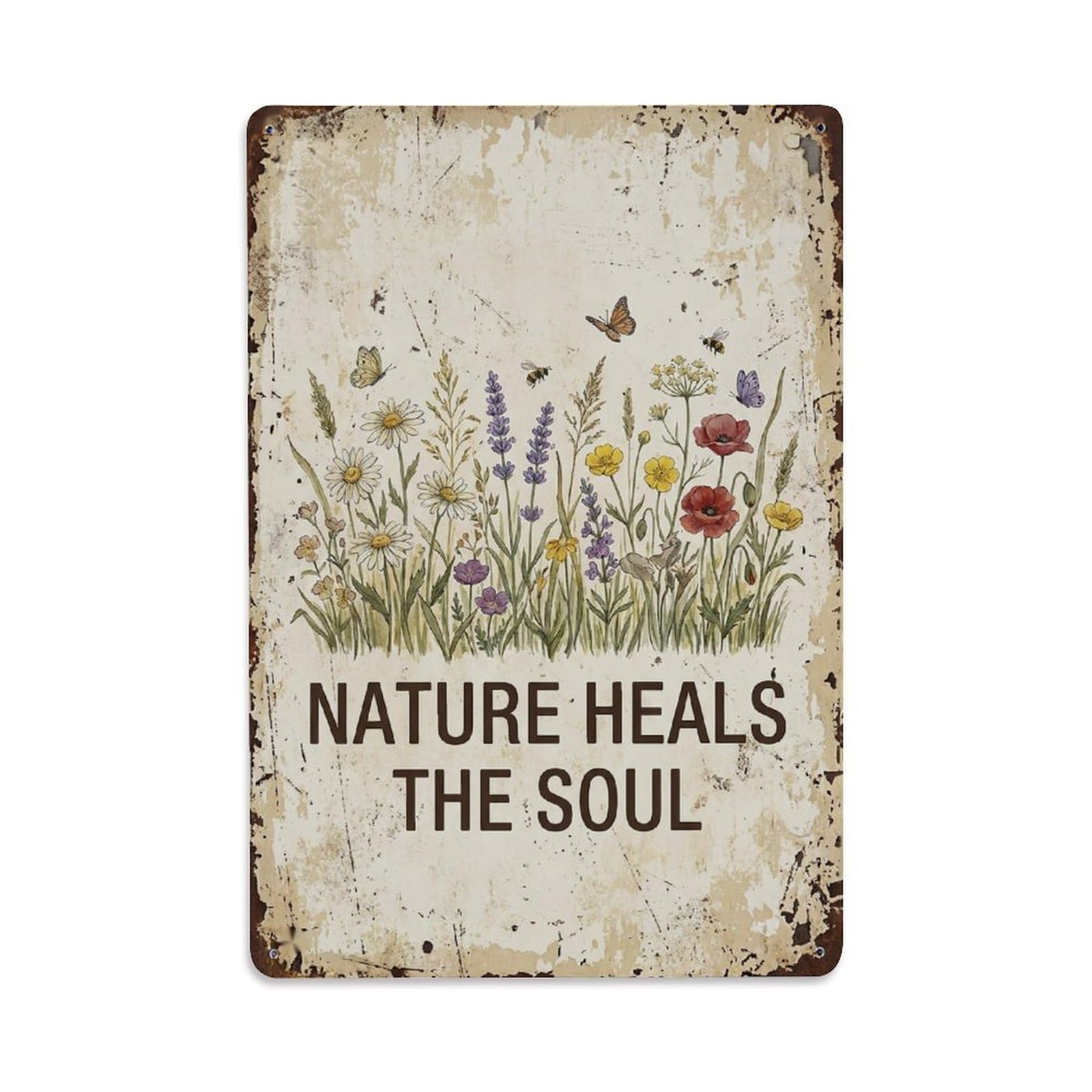 Okngb Style Retro Botanical Saying Heals Soul Wildflower Whimsical Metal Tin Sign Plaque Wall Decor For Cafe, Man Cave, Club Bar, Office, Home Garden Round Metal Poster 8X12inch