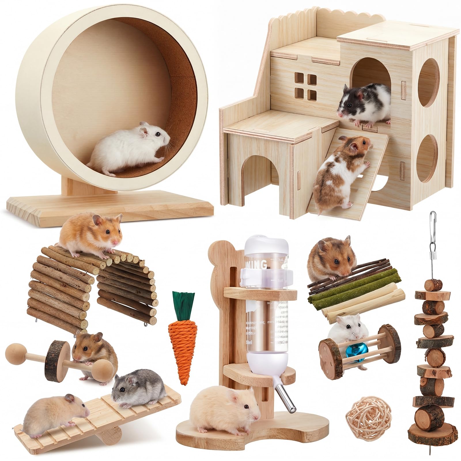 18-teiliges Hamsterkäfig-Zubehör, leises Hamsterrad, 15-teiliges Kauspielzeug-Set, Labyrinth-Holzhaus und Wasserflaschen-Set für Ratten, Mäuse, Kleintiere, Lebensraum (Harmonie-Holzstil)