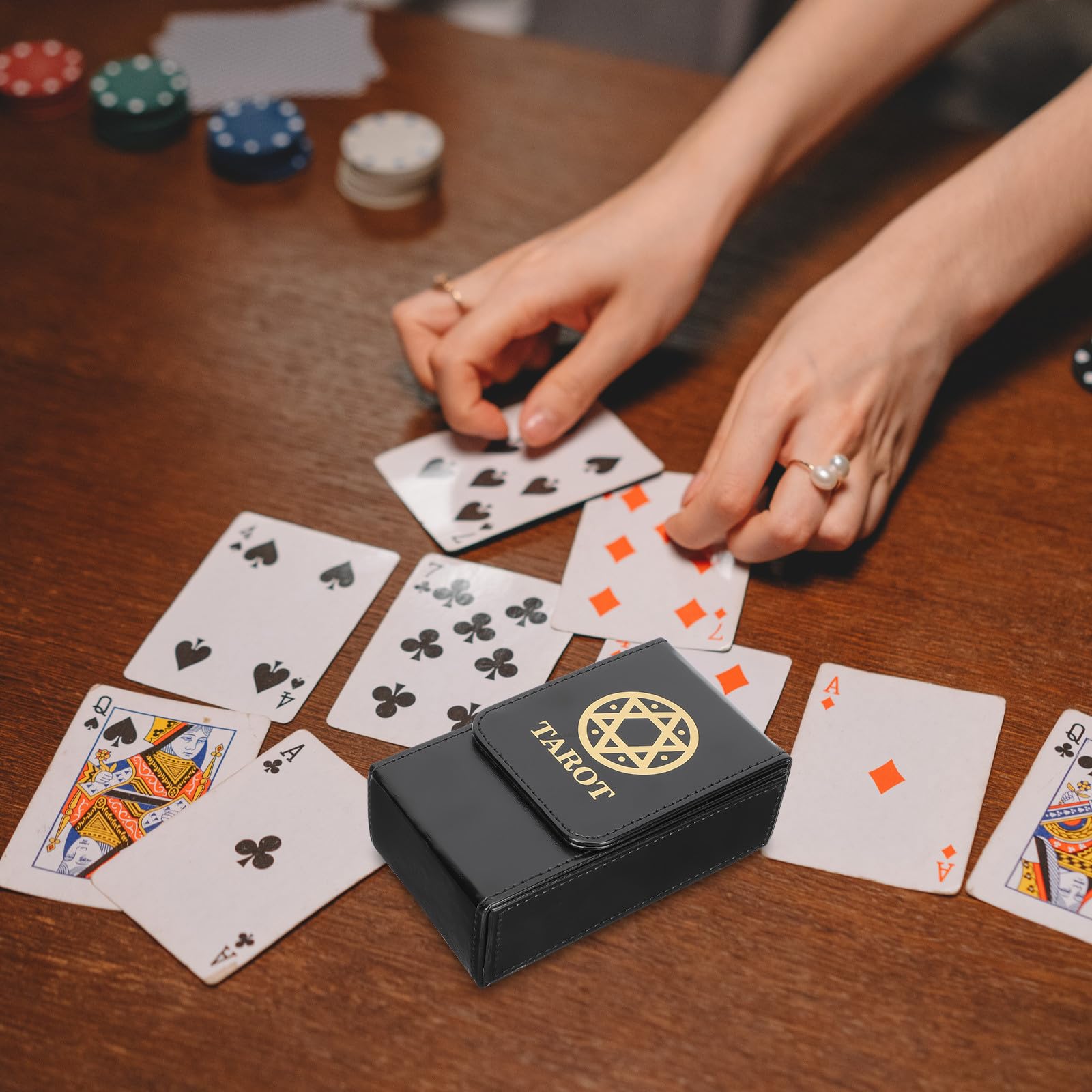 Estuche Rectangular Portátil de Pu para Cartas de Tarot Tapa Sellada, Caja Organizadora Negra para Almacenar Cartas de Forma Segura