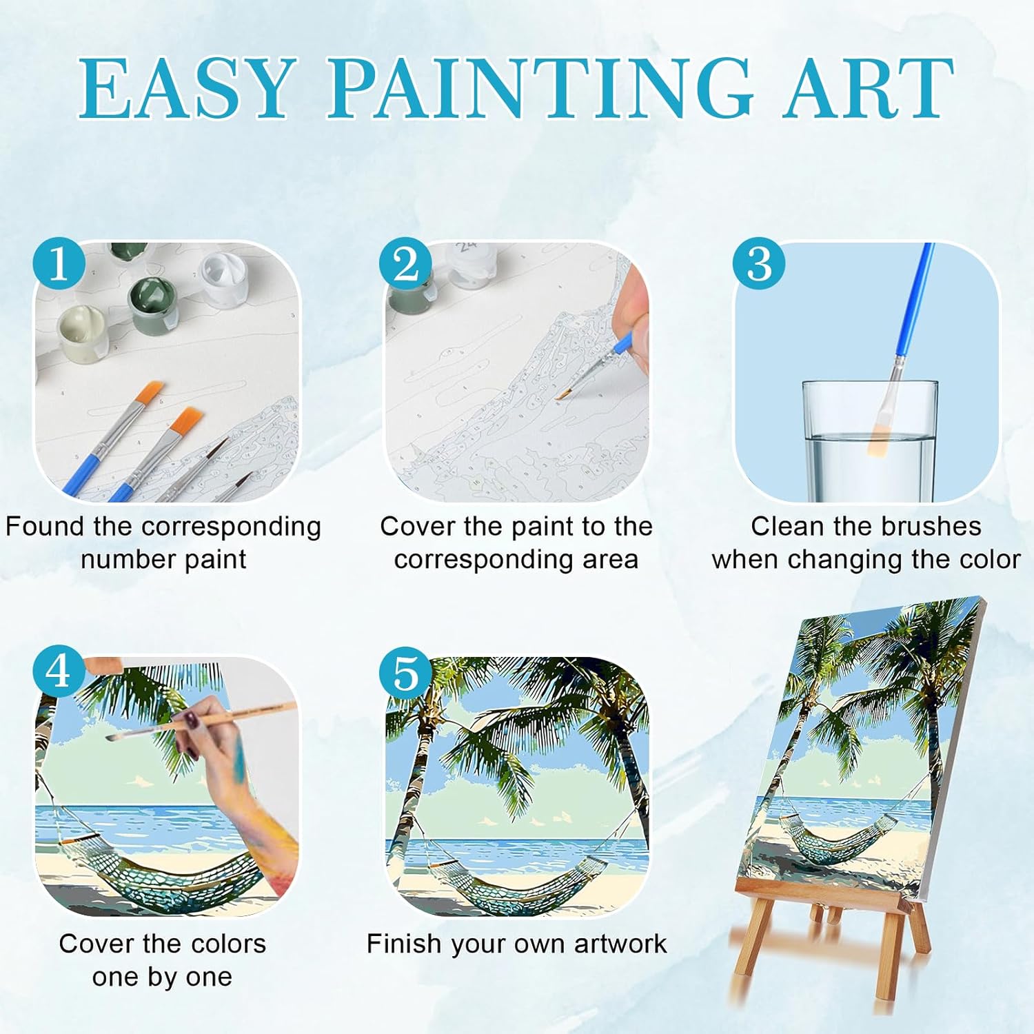 Ninonly Paint by Numbers Kit for Adults with Framed Canvas 4 Pack, Beach Paint by Number Arts Kits for Beginner with Wooden Easel, Acrylic Set, Brushes for Home Decor, 9 * 12 Inch