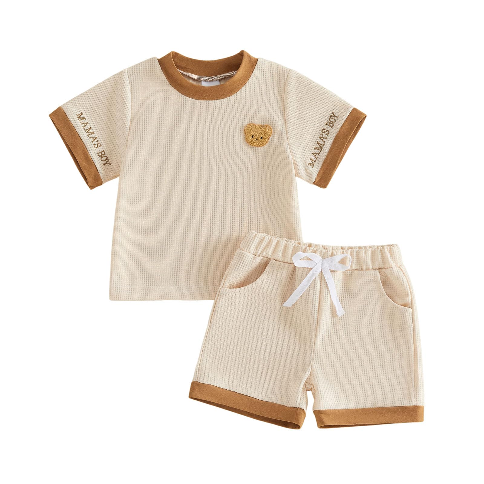 Carolilly Tenue Ourson Bébé Garçon Été, T-Shirt à Manches Courtes et Short ou Body, avec Motif Ours, Beige et Marron