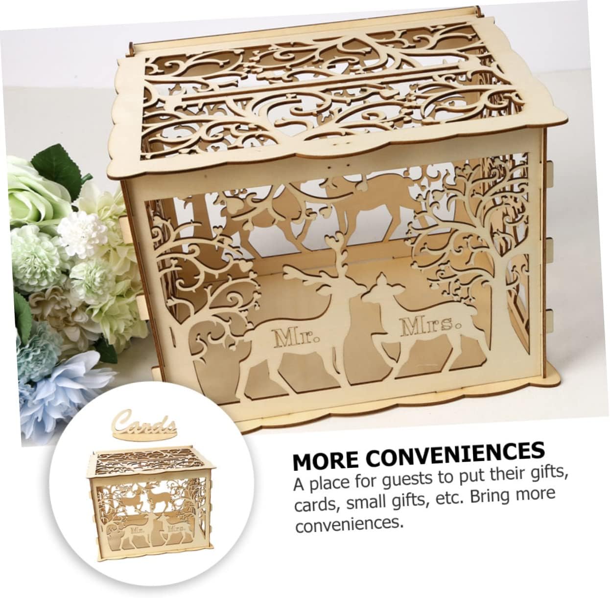 Unomor Unique Wedding Card Box Holder Wooden Wedding Cards Case Space for Cards Money Envelopes Photos