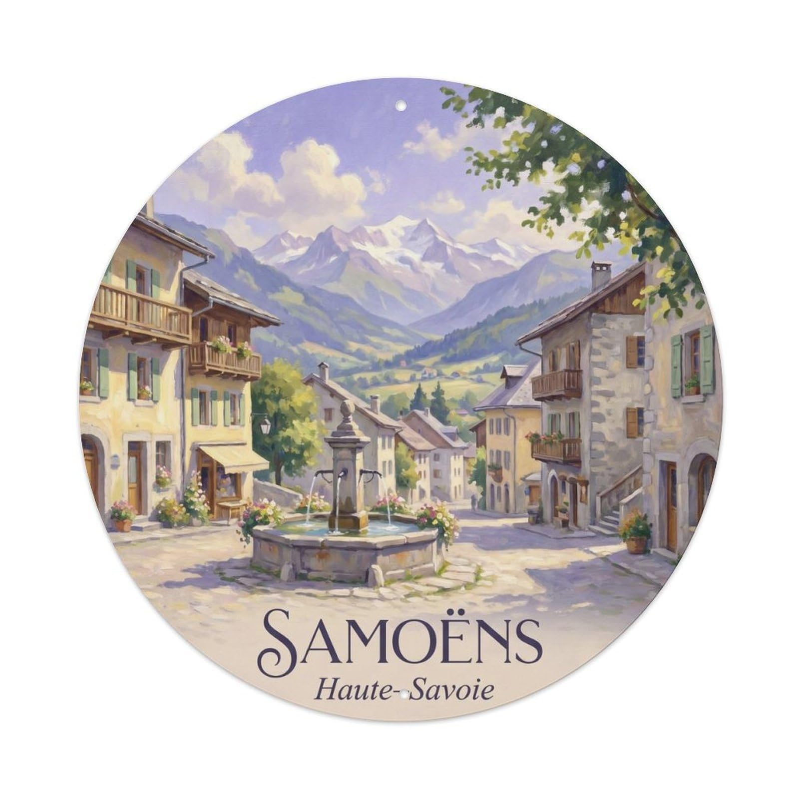 Samoens Haute Savoie France Alpine Village Travel Vintage Metal Tin Sign Plaque Wall Decor for Cafe, Man Cave, Club Bar, Office, Home Garden Round Metal Poster 8x8Inch