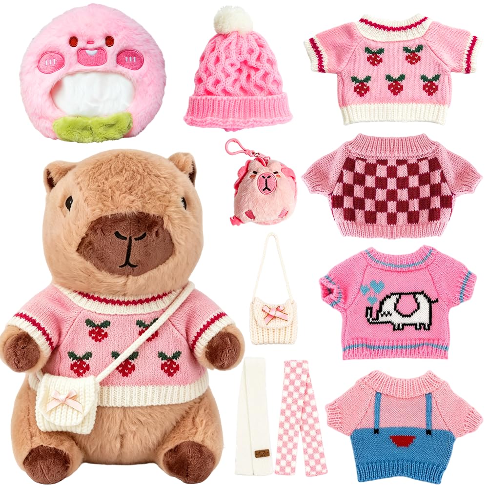 Mbuaopa 11 Pcs Capybara Plush Toy, 27cm Capybara Stuffed Animal with 10 Clothes and Accessories, Super Soft Capybara Toys for Kids Girls Boys, Role Play Dress Up Gifts, pink