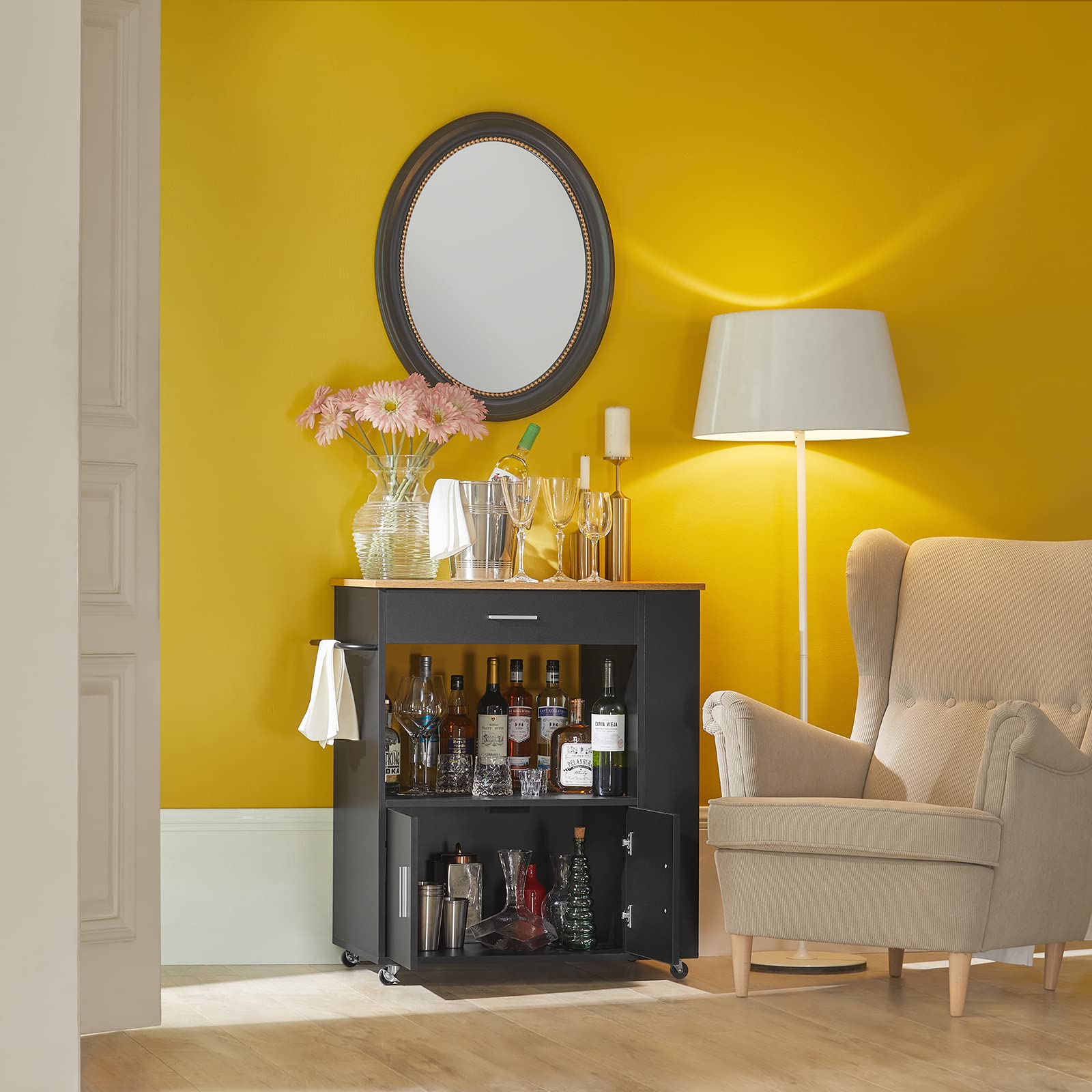 SoBuy Mobile Cucina Salvaspazio Credenza Cucina Carrello Cucina con Ruote Mobiletto Cucina Dispensa Madia Cucina Mobile Cucina con Ripiani nero 82x46x88 cm FKW113‑SCH