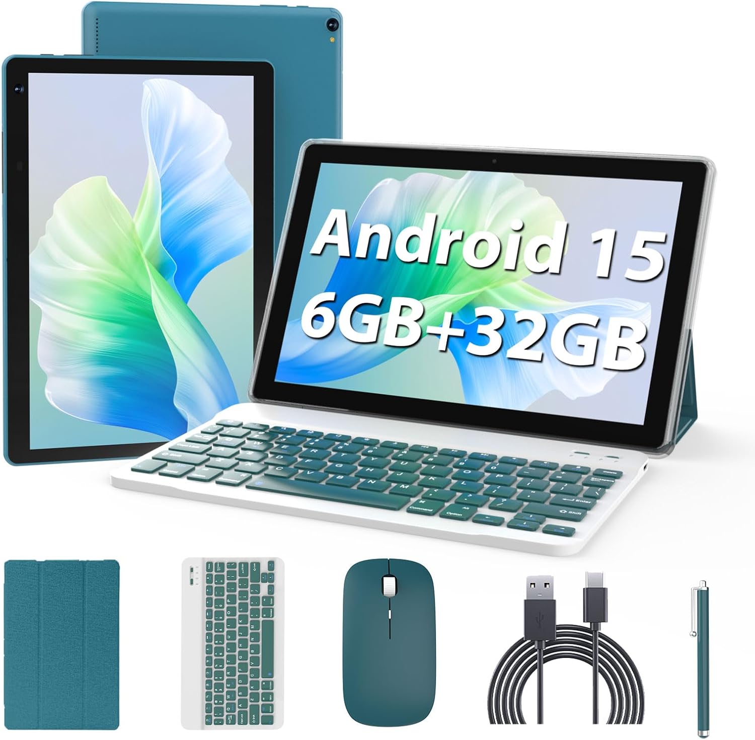 Android 15 Tablet 10 inch, 2 in 1 Tablets with Keyboard Case Mouse Stylus, 6GB RAM 32GB ROM 1TB Expand, Quad Core Processor Tablet, WiFi, BT, 1280x800 HD Screen, 6000mAh, Dual Camera, GMS, Widevine L1