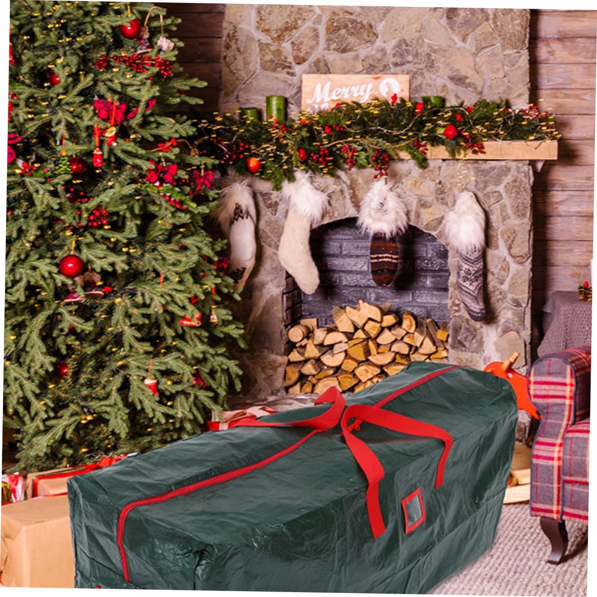 Bolsa para Árbol de Navidad Grande con Asas Resistente al Agua y Polvo Organizador de Almacenamiento de No Tejida para Guardar Árboles y Decoraciones Navideñas
