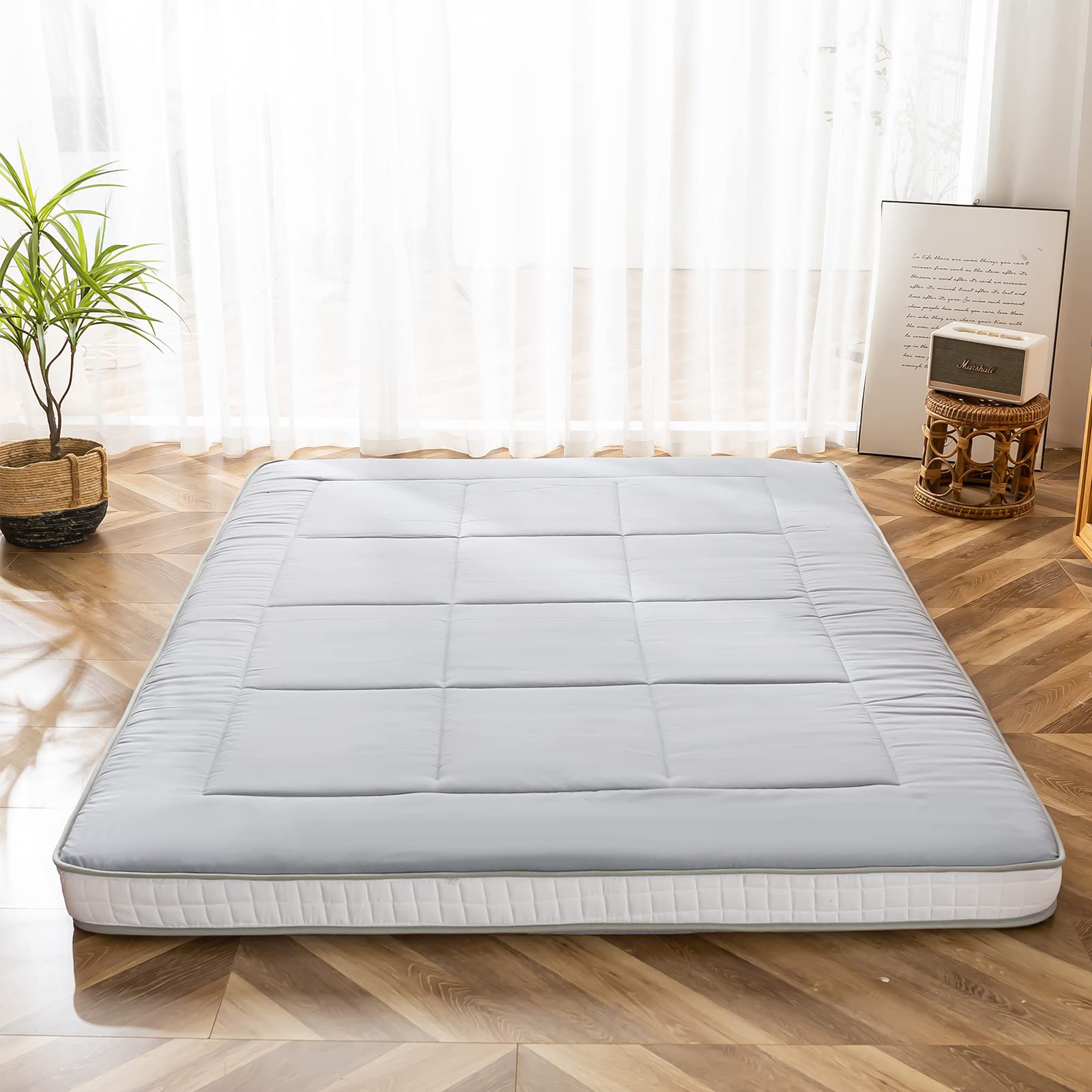 MAXYOYO Futon-matras, gecapitonneerde Japanse vloermatras, gewatteerd bedmatras, extra dik, opvouwbaar slaapmat, ademend vloerlounger, gastenbed voor camping, bank (wit, eenpersoons
