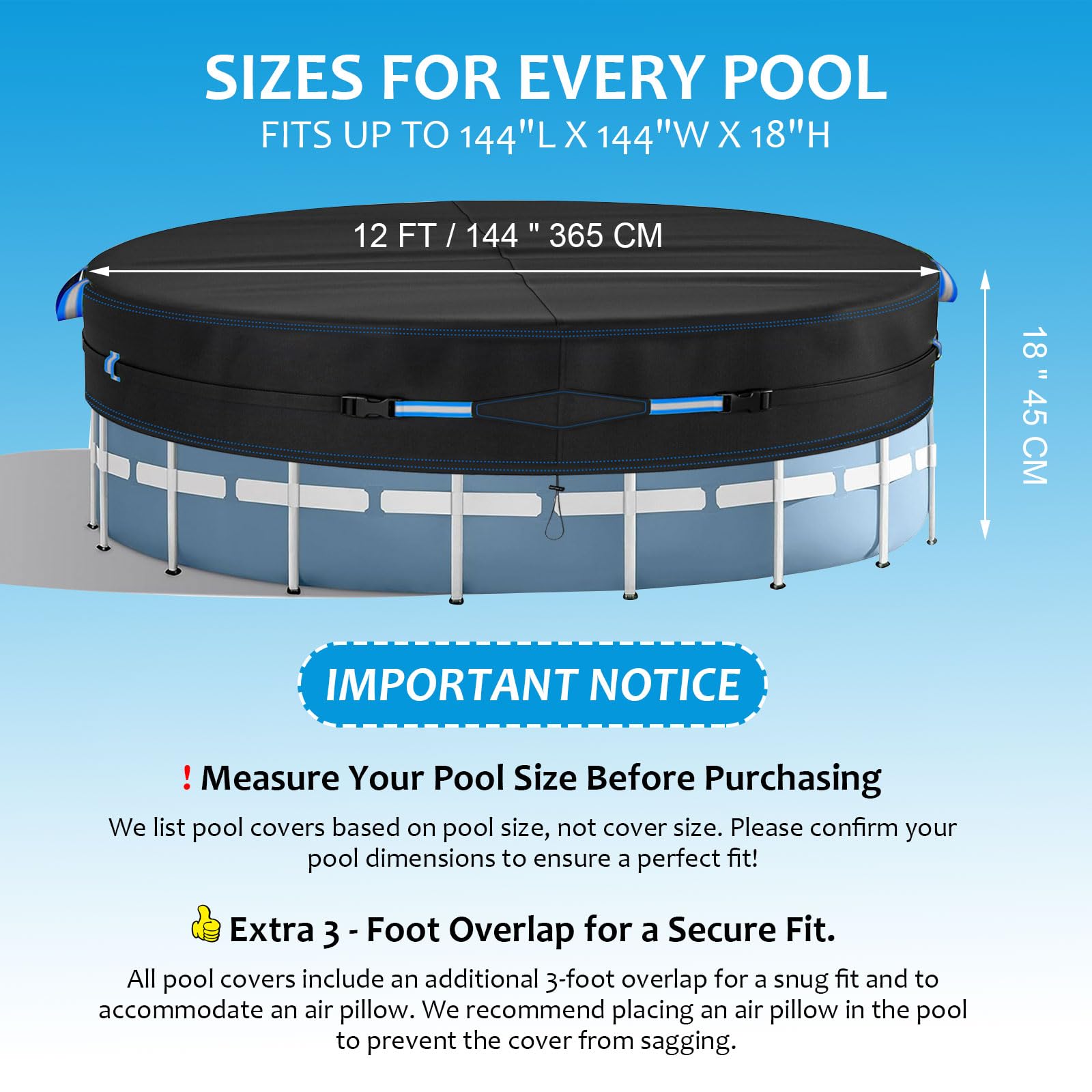 Cobertor Piscina Redondo 366cm, Tarea Pesada 420D Oxford Lona Piscina, 12FT Lona de Piscinas de Invierno y Verano, Resistente al Agua al Polvo y al Desgarro, con Cordón y Tiras Reflectantes