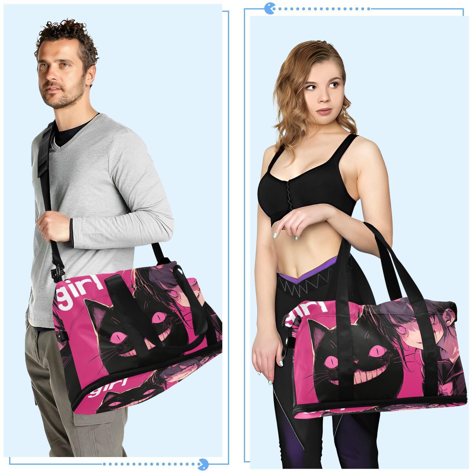 Peach Black Psycho Girl Bolsa de viaje con bolsillo húmedo, correa ajustable, bolsa de viaje para gimnasio, gran capacidad para hombres y mujeres