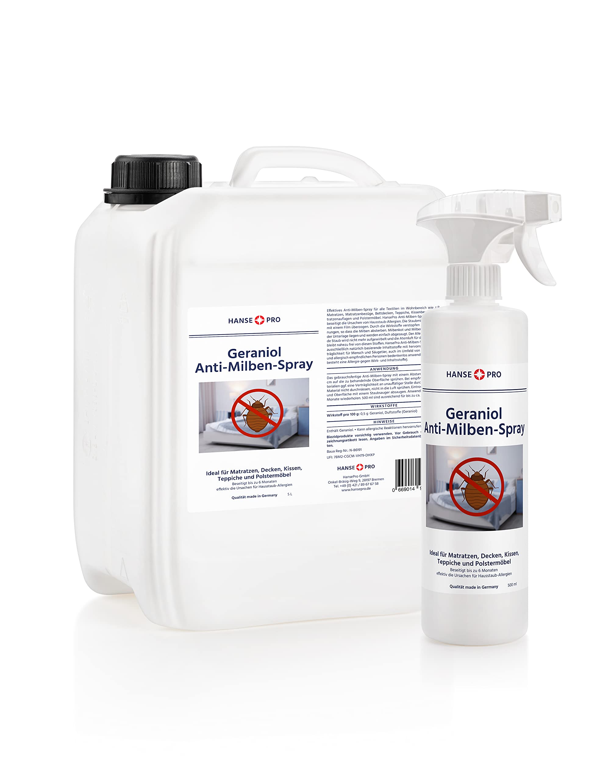 HANSE PRO Geraniol Anti-Milben-Mittel, 5 Liter Kanister I Hausstaub-Spray I Milbenschutz I hochwirksames Spray gegen Milben- & Bettwanzen I Hausstaubmilben-Allergie I Milbenbekämpfung