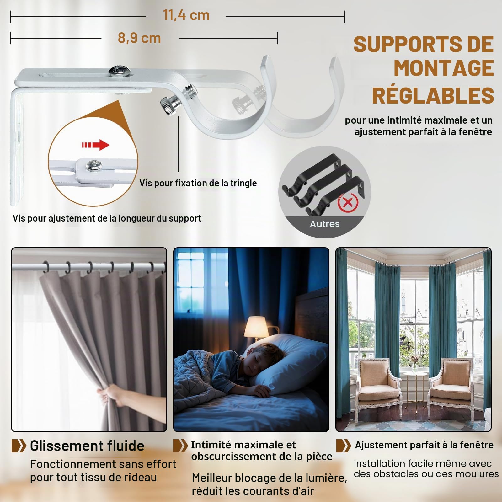 Tringle à rideaux d'angle réglable et robuste en forme de U avec supports pour fenêtres – 91,4 à 406,4 cm – Blanc