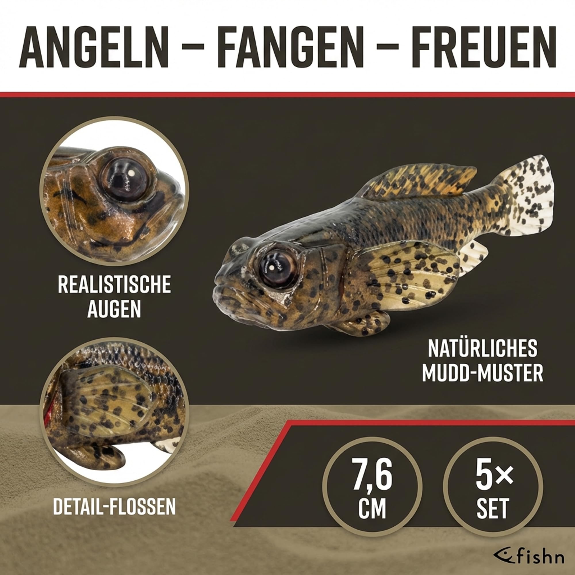 FISHN GOBYone zestaw 5 sztuk, 7,6 cm, 9 g, ultra realistyczne gumowe ryby do łowienia okoni i