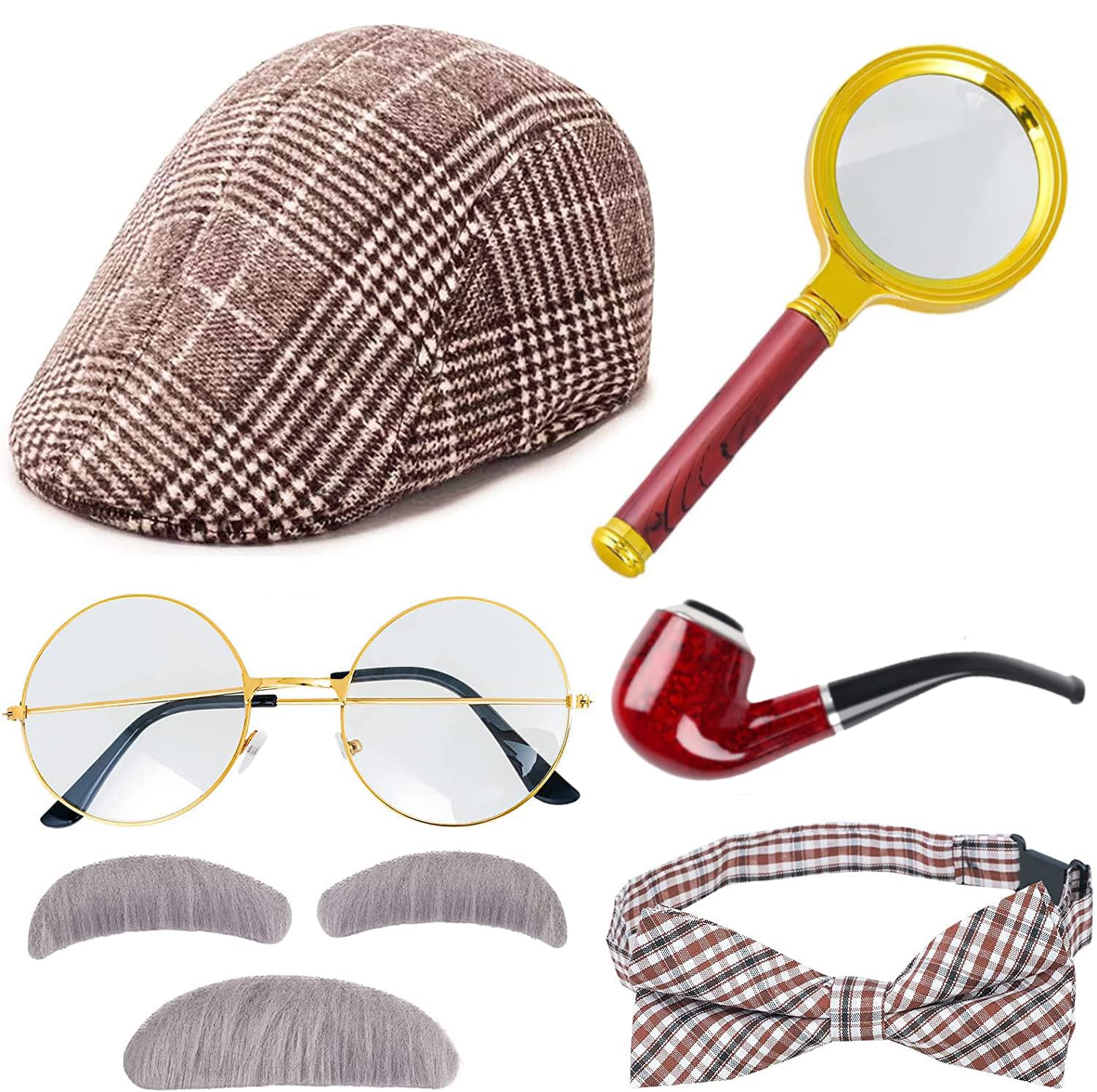 Detective Costume Include Hat,Glasses,Bowtie,Magnifying and Mustache for Men Women Kids Halloween Old Men Dress Up
