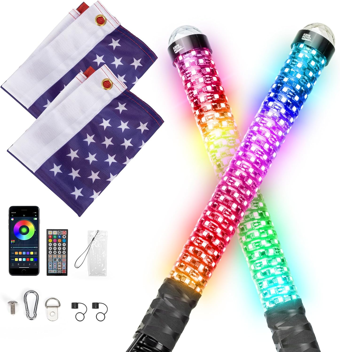 KEMIMOTO 2PCS Fat Whip Lights with Warning Light, LED Whip Lights for Side by Side, Spiral RGB Chasing Lighted Whips Compatible with UTV ATV Can-Am X3 Polaris RZR Offroad Boating, Remote & APP Control