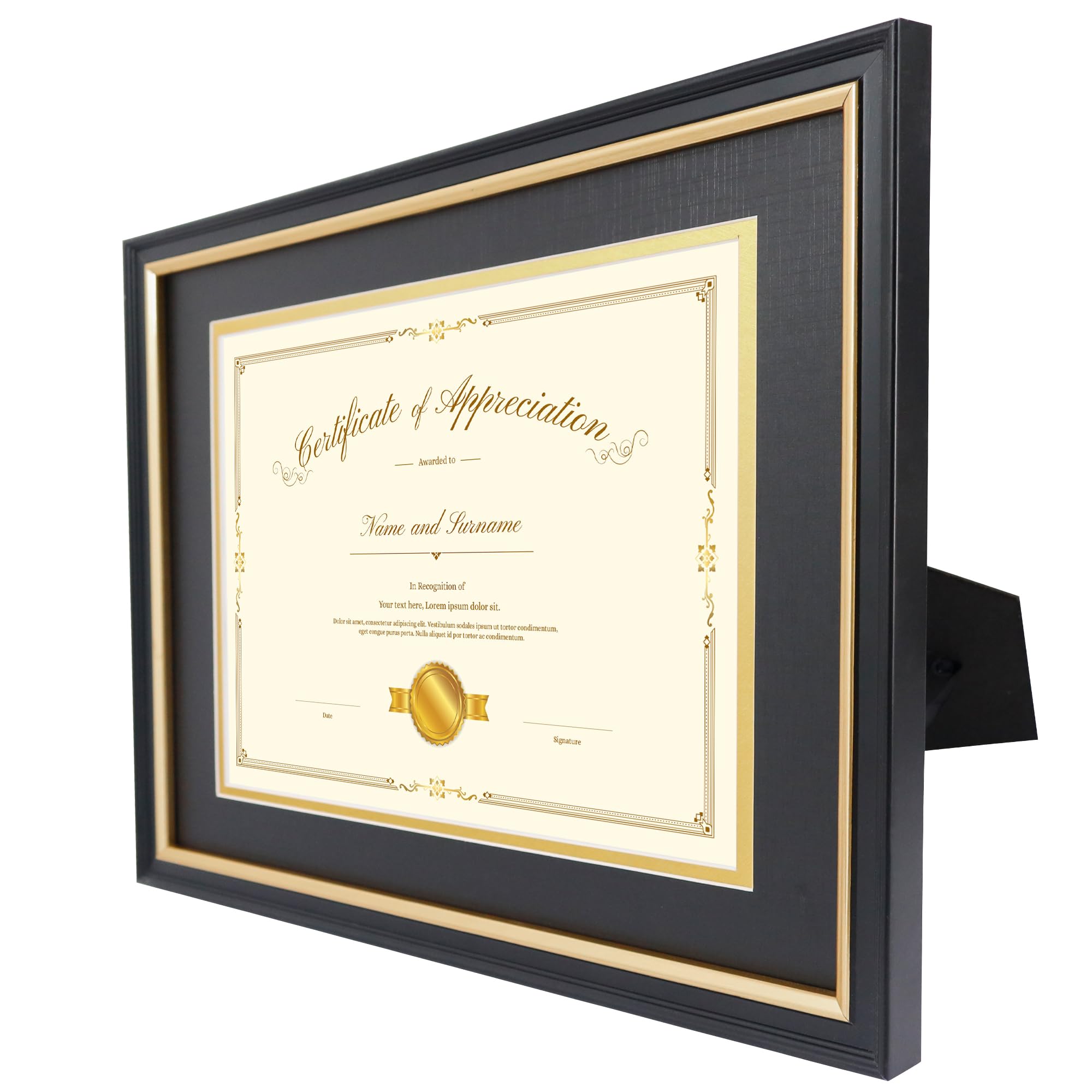 Hodeframe 11x14 Certificate Frame for 8-1/2x11 Diploma/Certificate/Document/Picture with Black and Gold Mat,8.5x11 Solid Wood Degree Frame, Real Glass?Wall Display and Tabletop