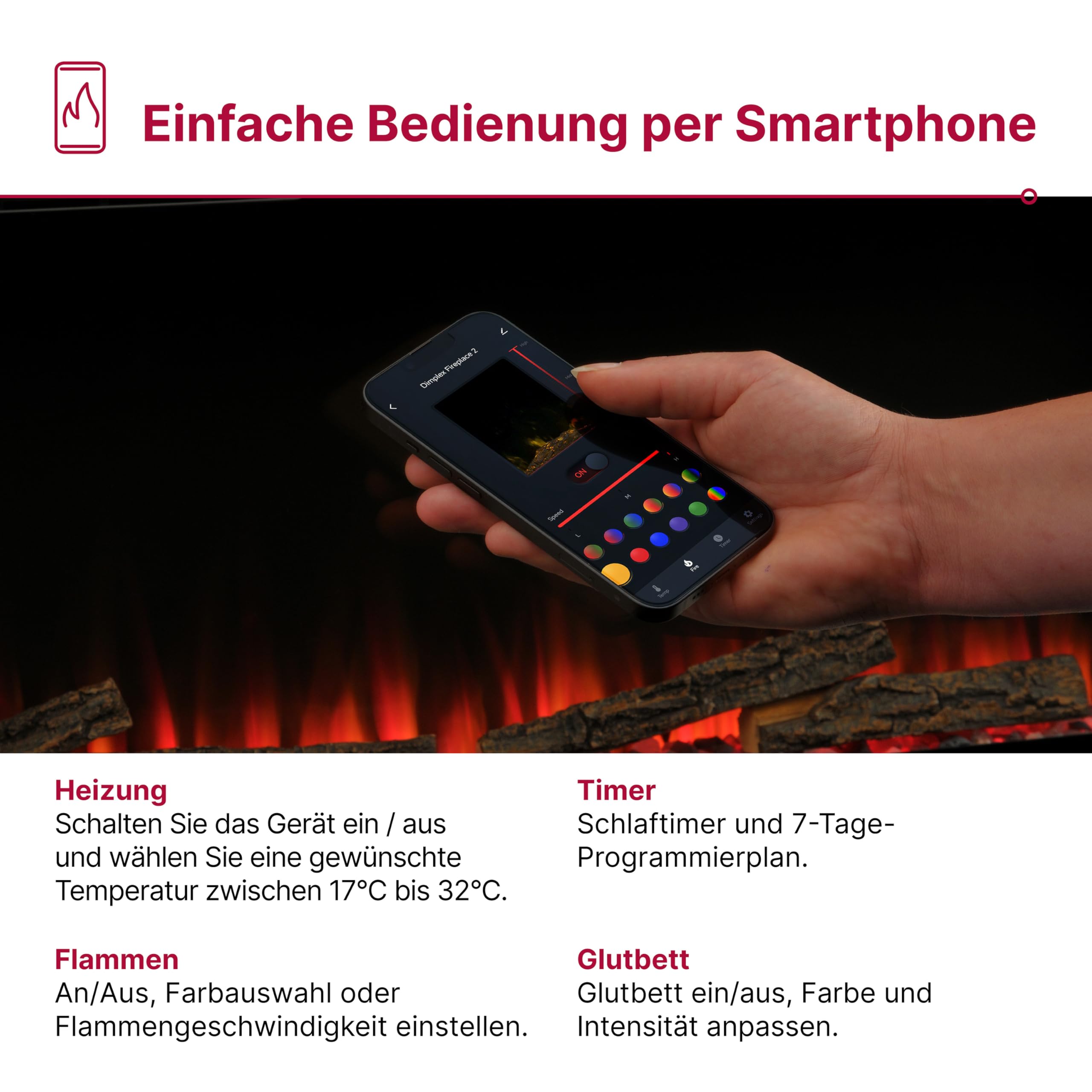 Dimplex Sense 60" Elektrokamin - Wandkamin - Elektrokamin mit Heizung - Kamineinsatz Elektrisch mit LED Optiflame Flameneffekt - Zuschaltbarer 2kW Heizlüfter - Inkl. Fernbedienung und App
